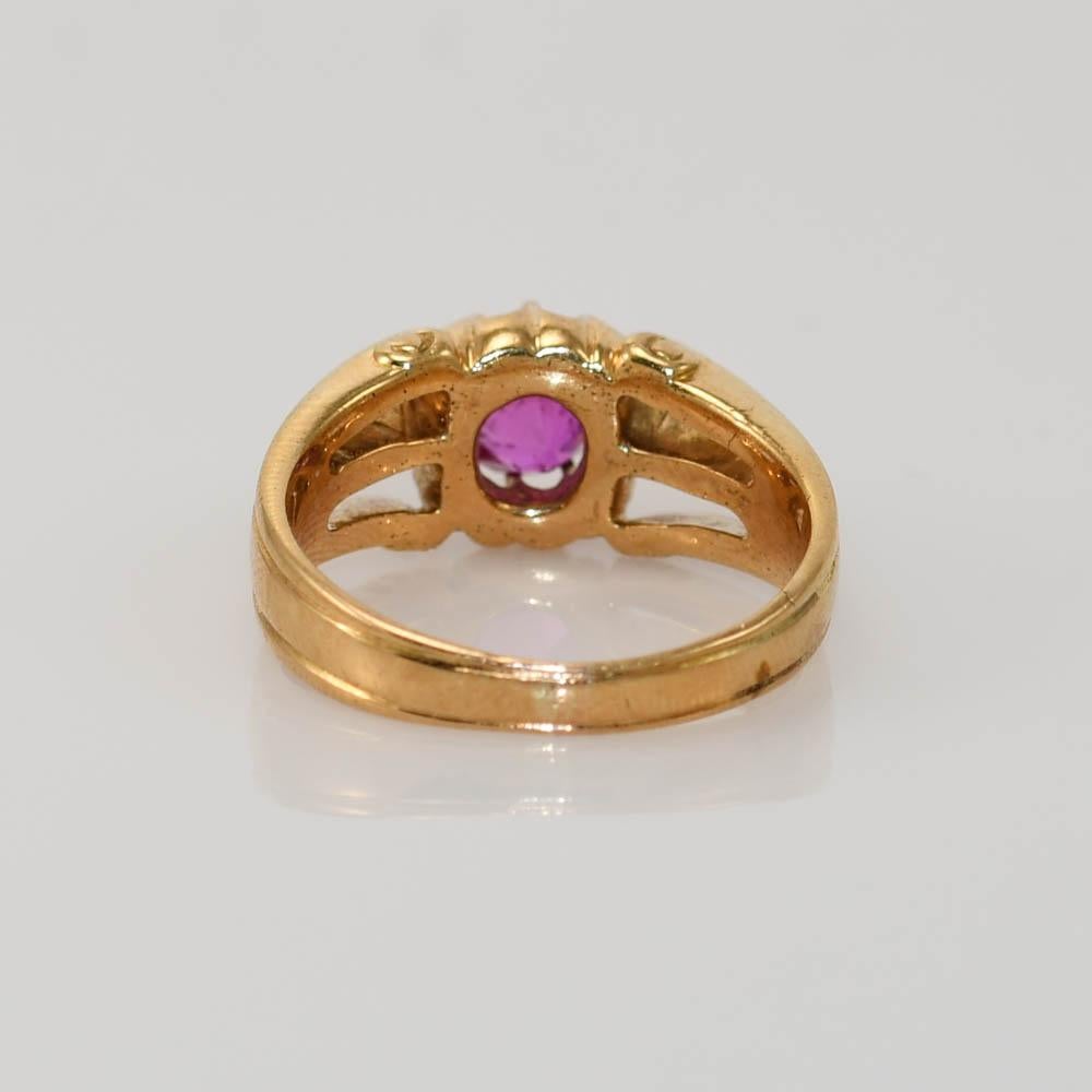 Oval Cut 18K Yellow Gold Synthetic Pink Sapphire Vintage Ring, 6.9gr For Sale