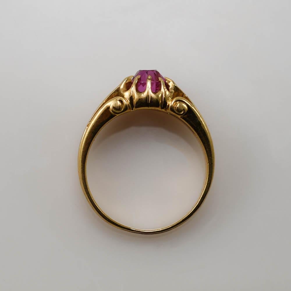 Women's 18K Yellow Gold Synthetic Pink Sapphire Vintage Ring, 6.9gr For Sale