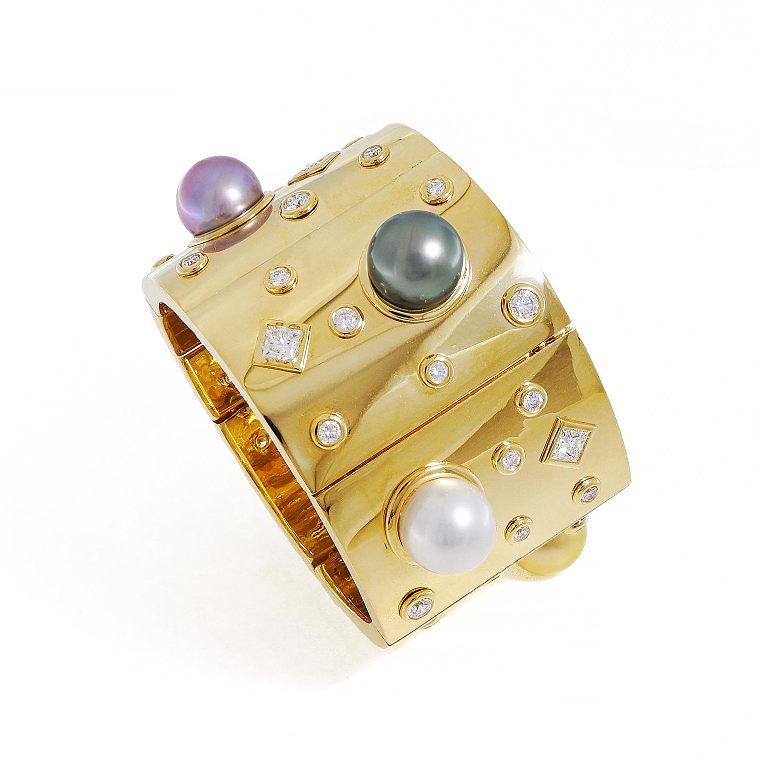 Men's 18K Yellow Gold Tahitian and South Sea Pearl Panel Bracelet with Diamond Accents For Sale