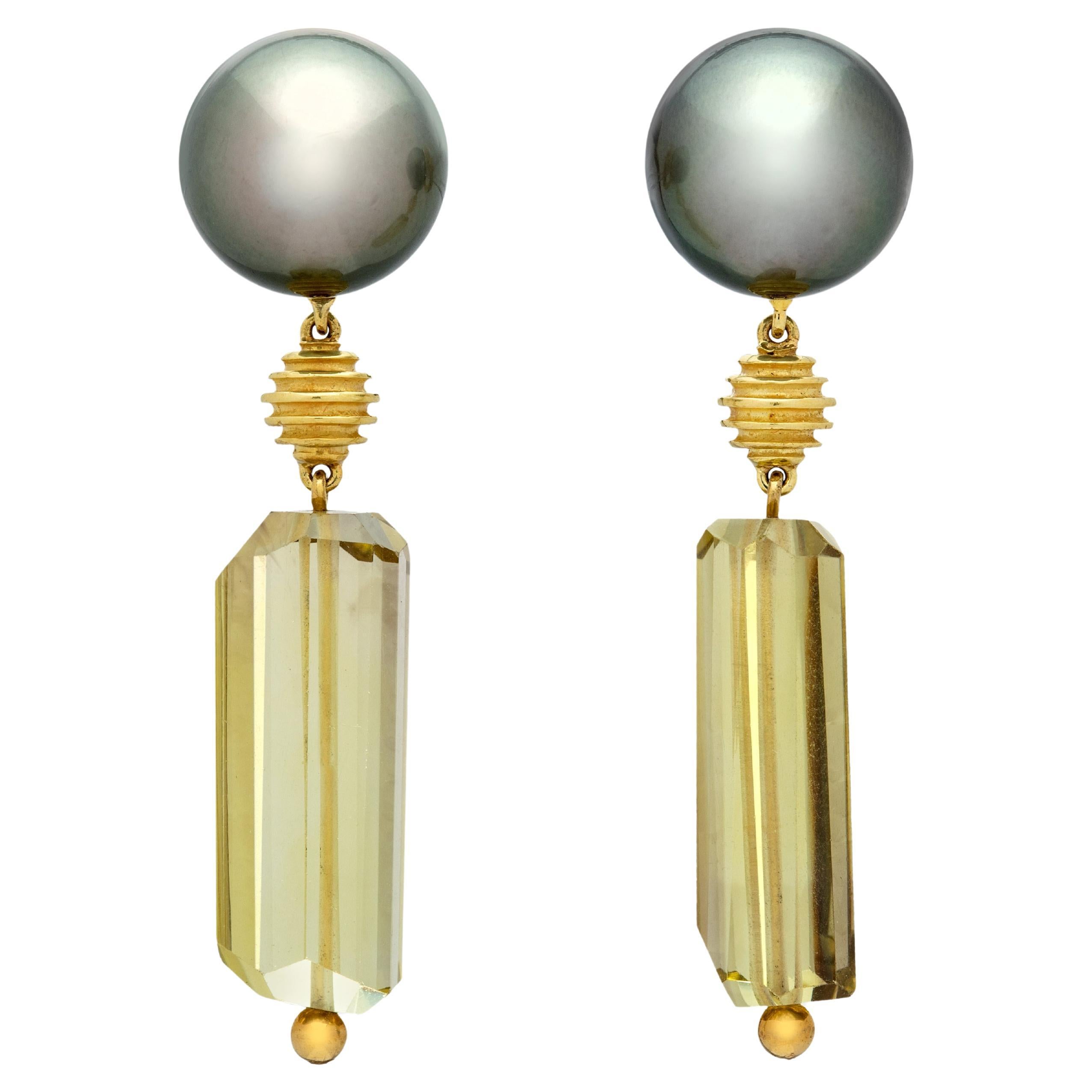 18k Yellow Gold Tahitian Pearl and Prasiolite Quartz Earrings, by Gloria Bass For Sale