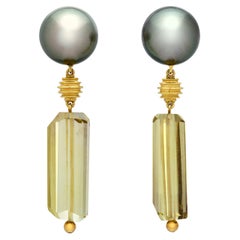 18k Yellow Gold Tahitian Pearl and Prasiolite Quartz Earrings, by Gloria Bass