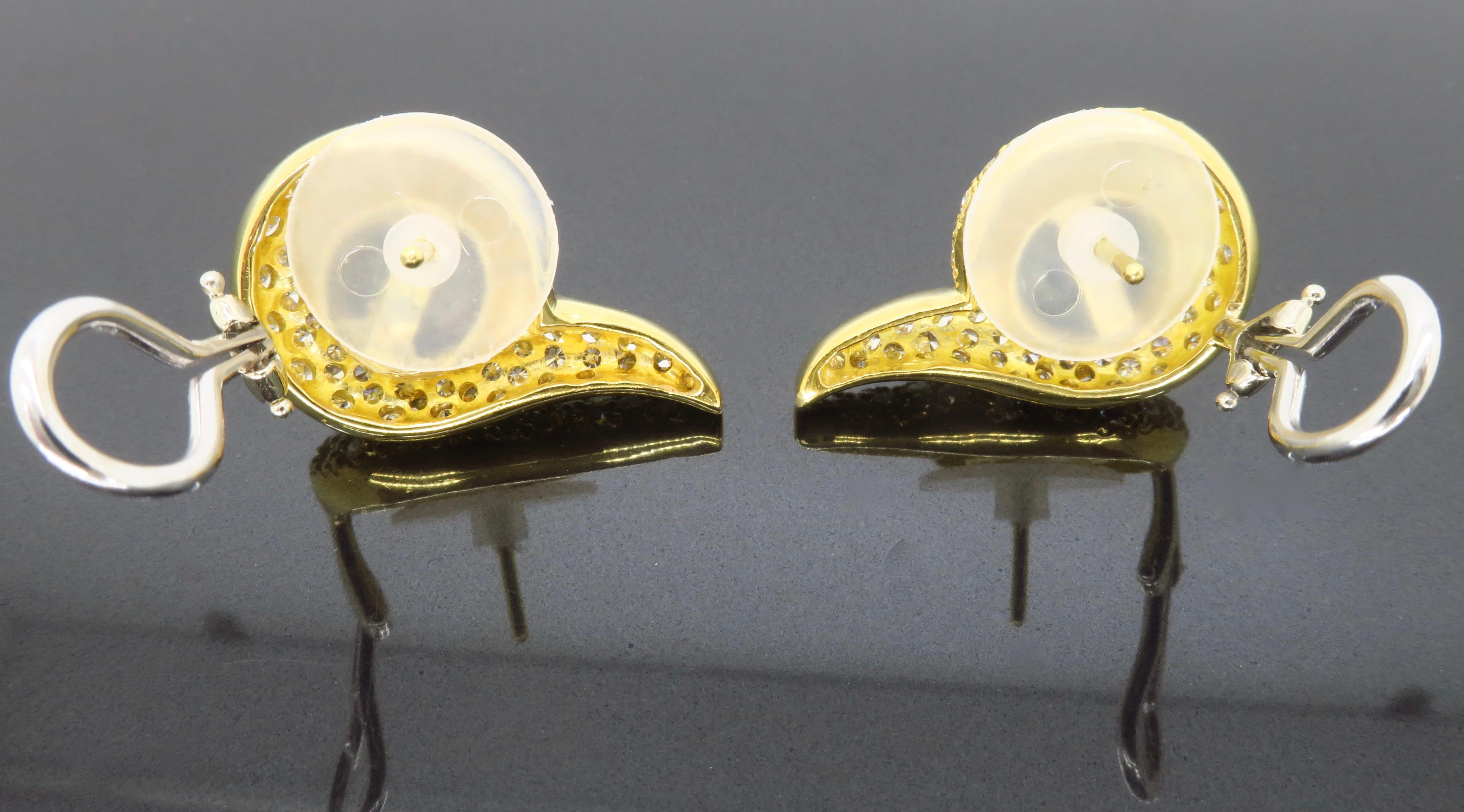 18 Karat Yellow Gold Tahitian Pearl and Diamond Omega Back Earrings For Sale 3