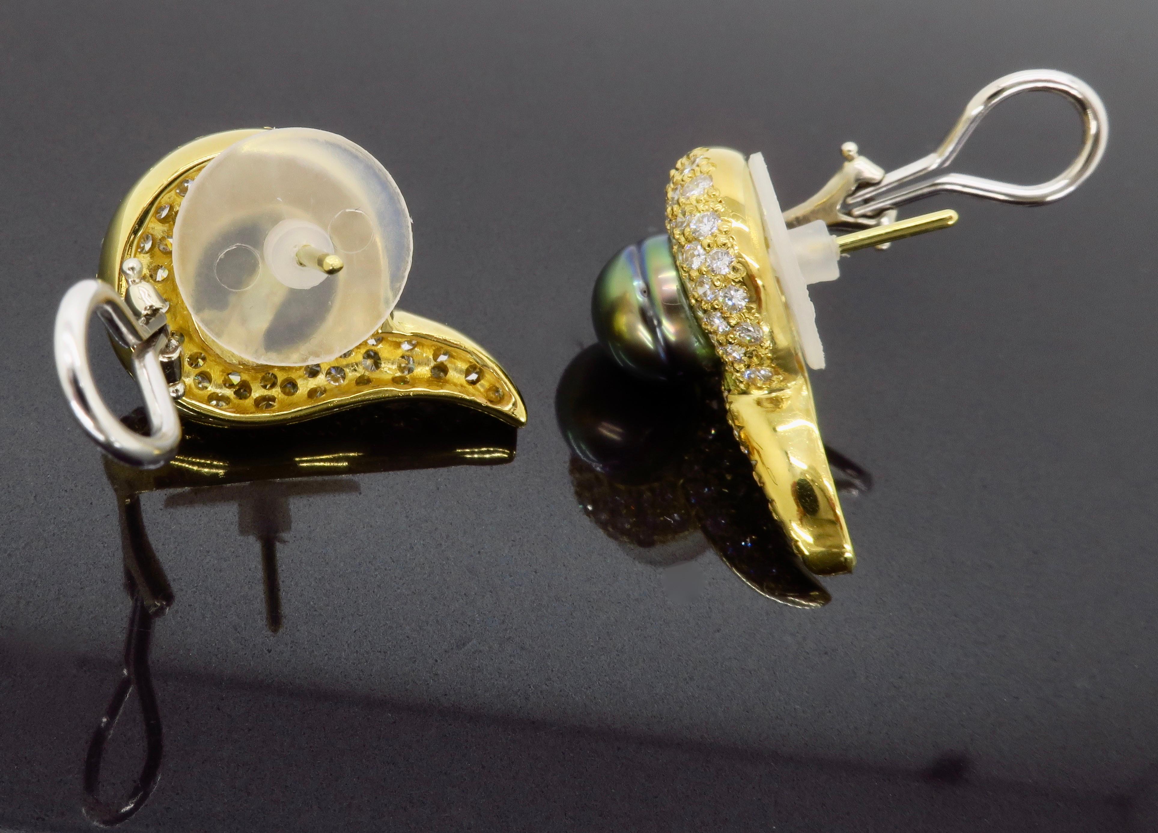 18 Karat Yellow Gold Tahitian Pearl and Diamond Omega Back Earrings For Sale 4