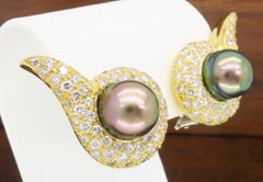 18 Karat Yellow Gold Tahitian Pearl and Diamond Omega Back Earrings