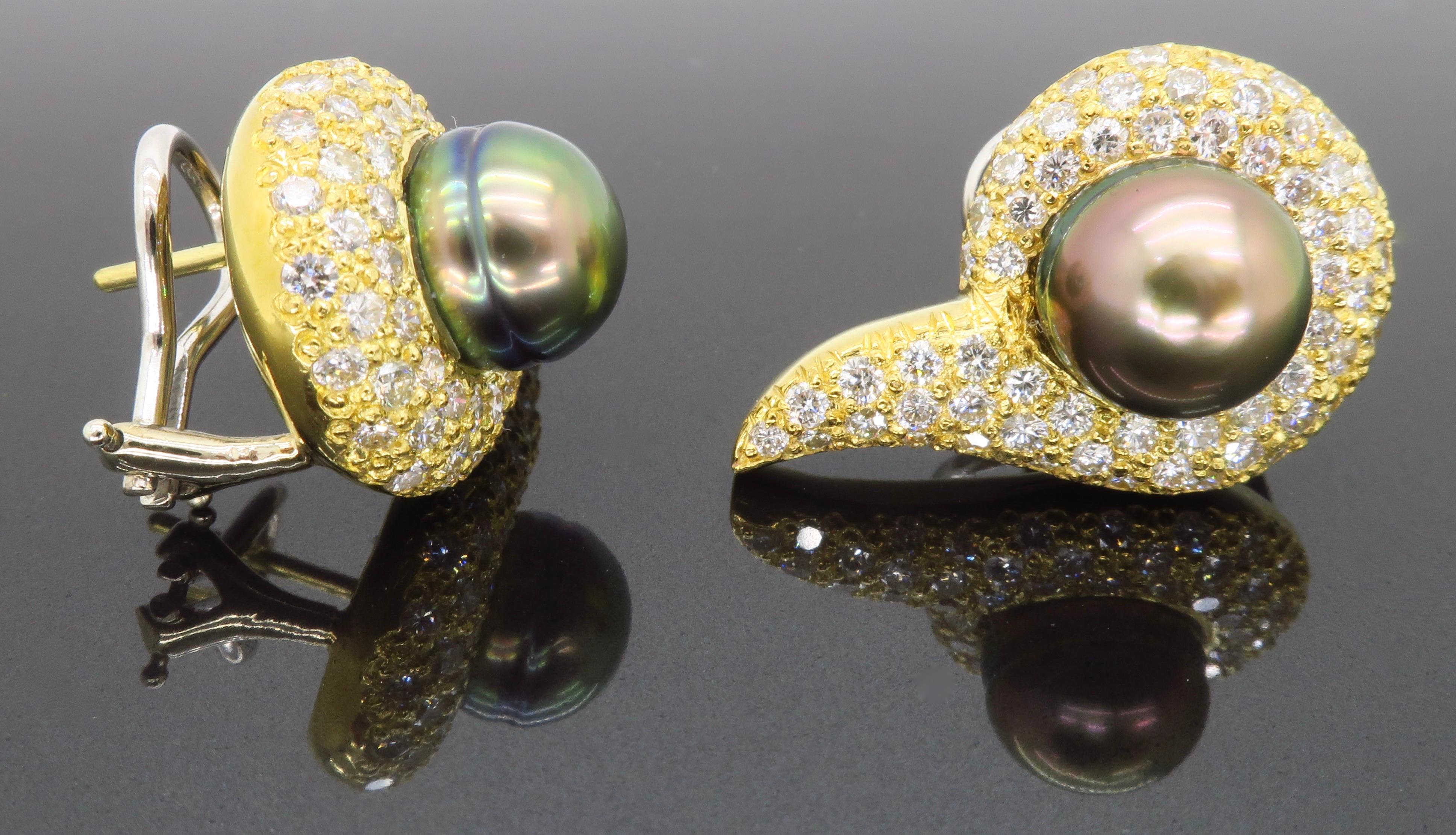 18 Karat Yellow Gold Tahitian Pearl and Diamond Omega Back Earrings In Excellent Condition For Sale In Webster, NY