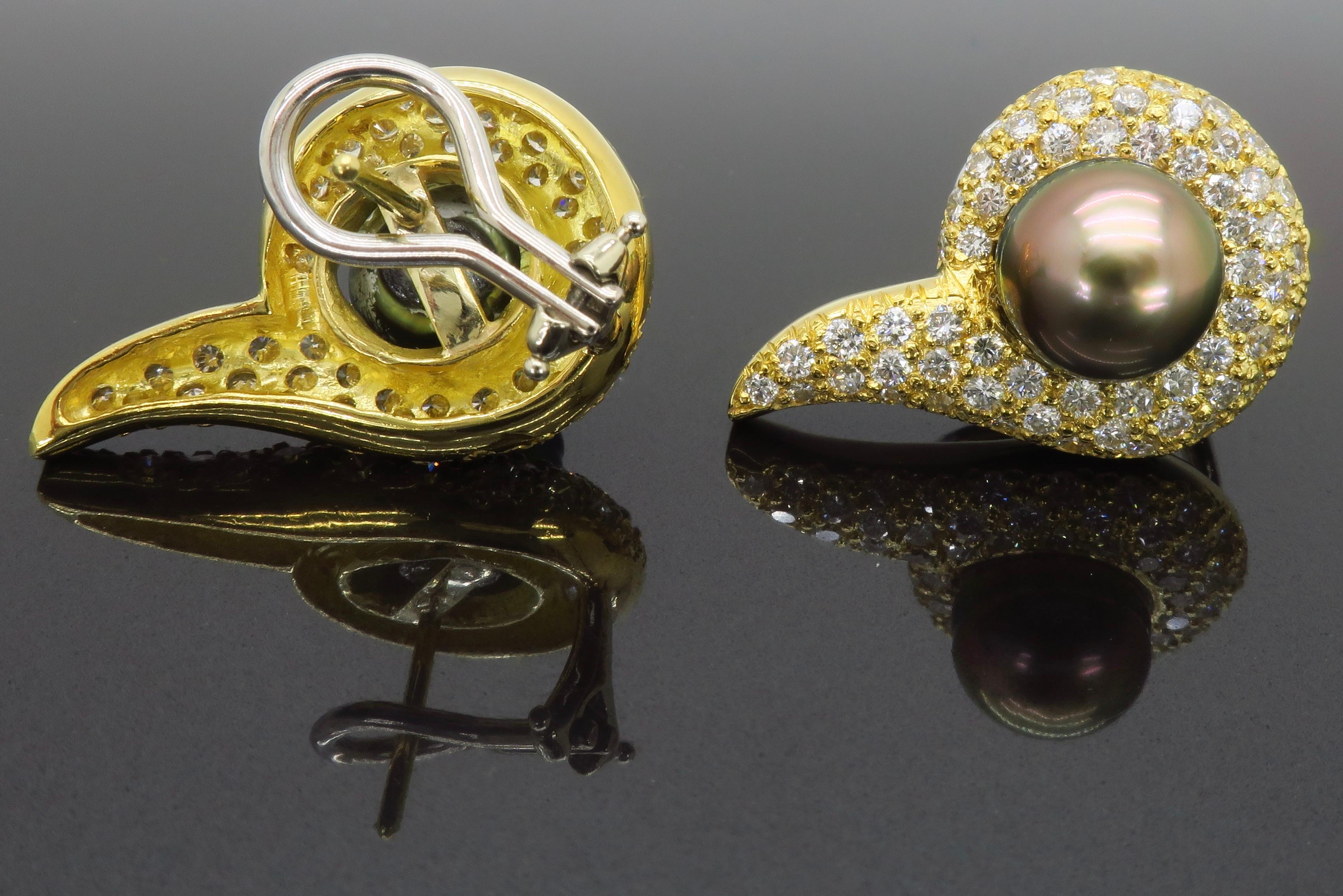 18 Karat Yellow Gold Tahitian Pearl and Diamond Omega Back Earrings For Sale 1