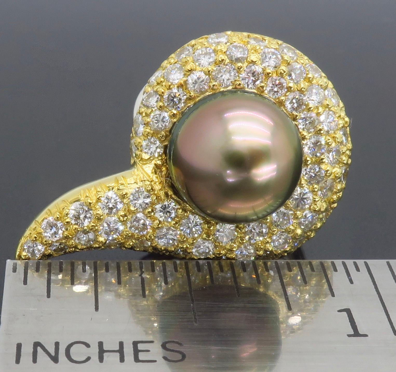 18 Karat Yellow Gold Tahitian Pearl and Diamond Omega Back Earrings For Sale 2