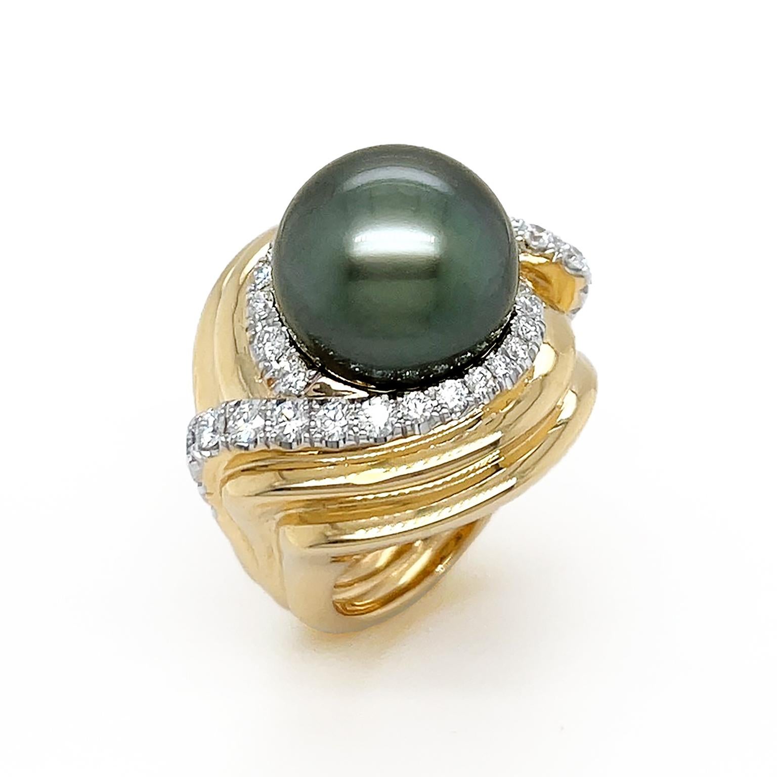 Women's or Men's 18K Yellow Gold Tahitian Pearl Glamour Swirl Ring with Diamond Accents For Sale