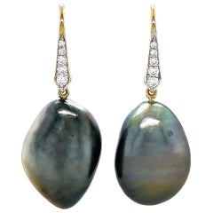 18K Yellow Gold Tahitian Tear Drop Diamond Lever-Back Earrings