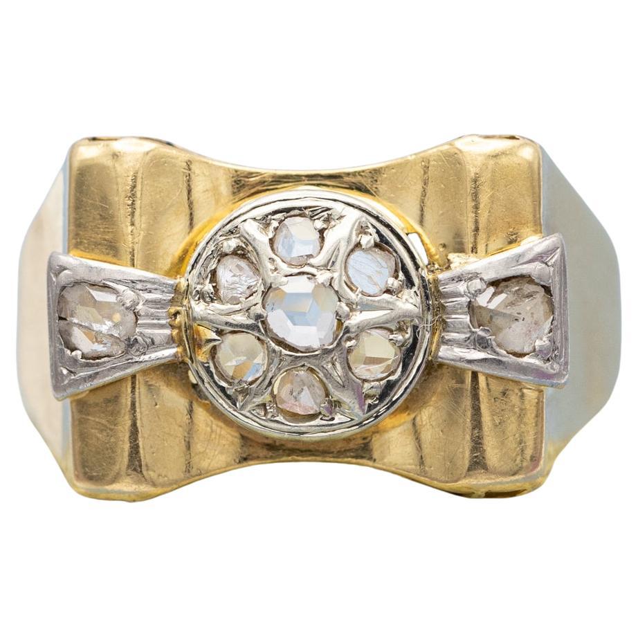 18k yellow gold tank ring - authentic rose cut diamond - big estate bow ring