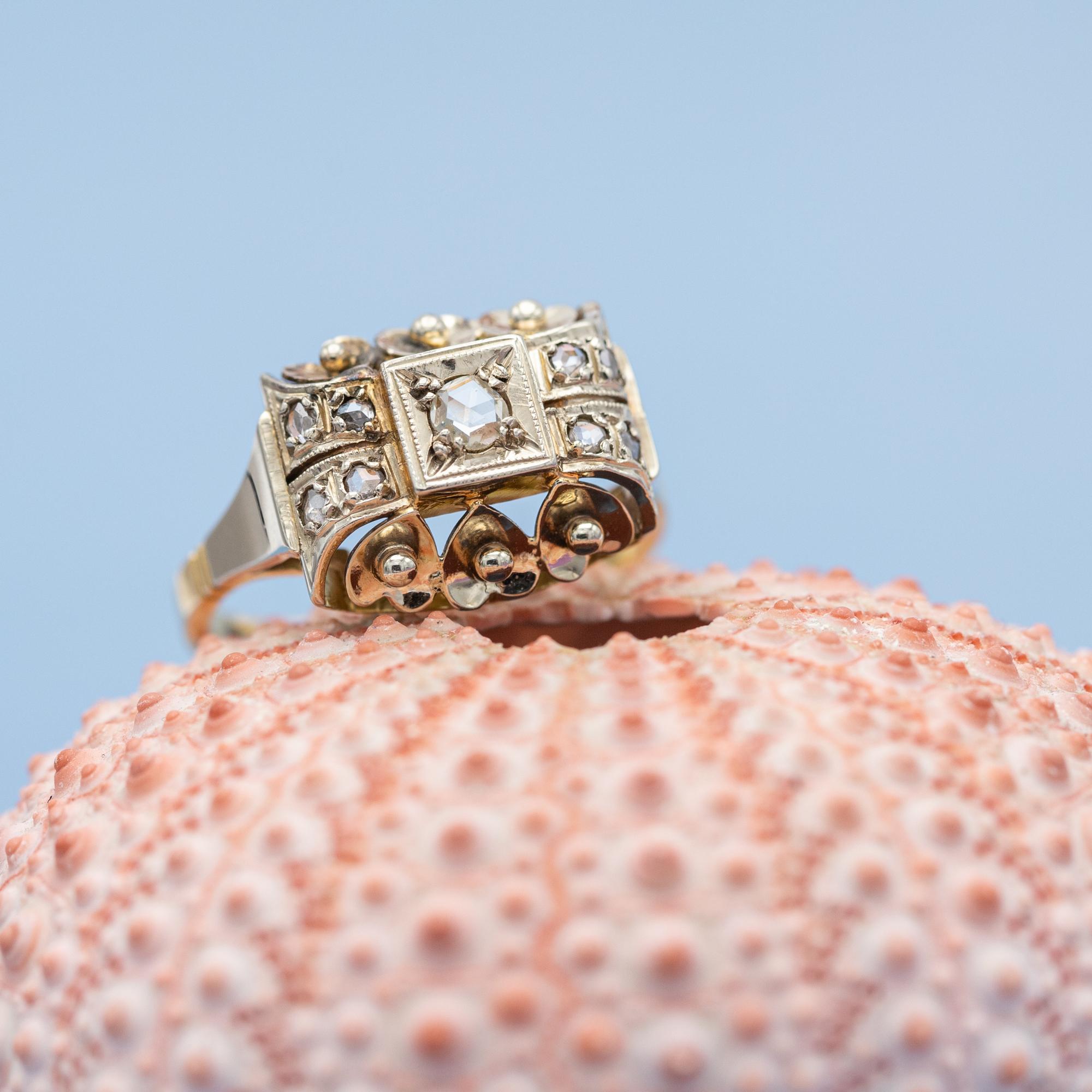 Art Deco 18k yellow gold tank ring - authentic rose cut diamond - big estate bulky ring