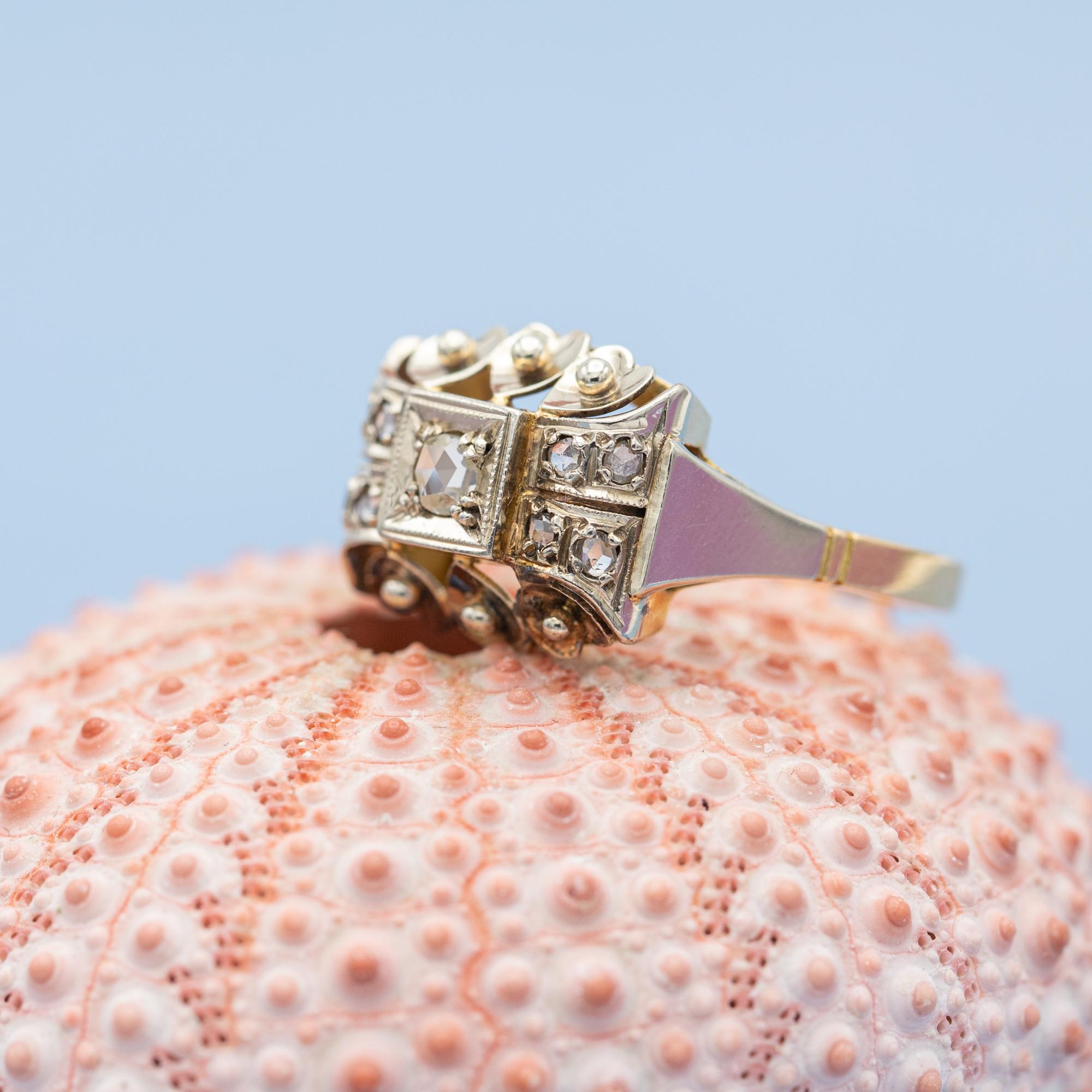 Rose Cut 18k yellow gold tank ring - authentic rose cut diamond - big estate bulky ring