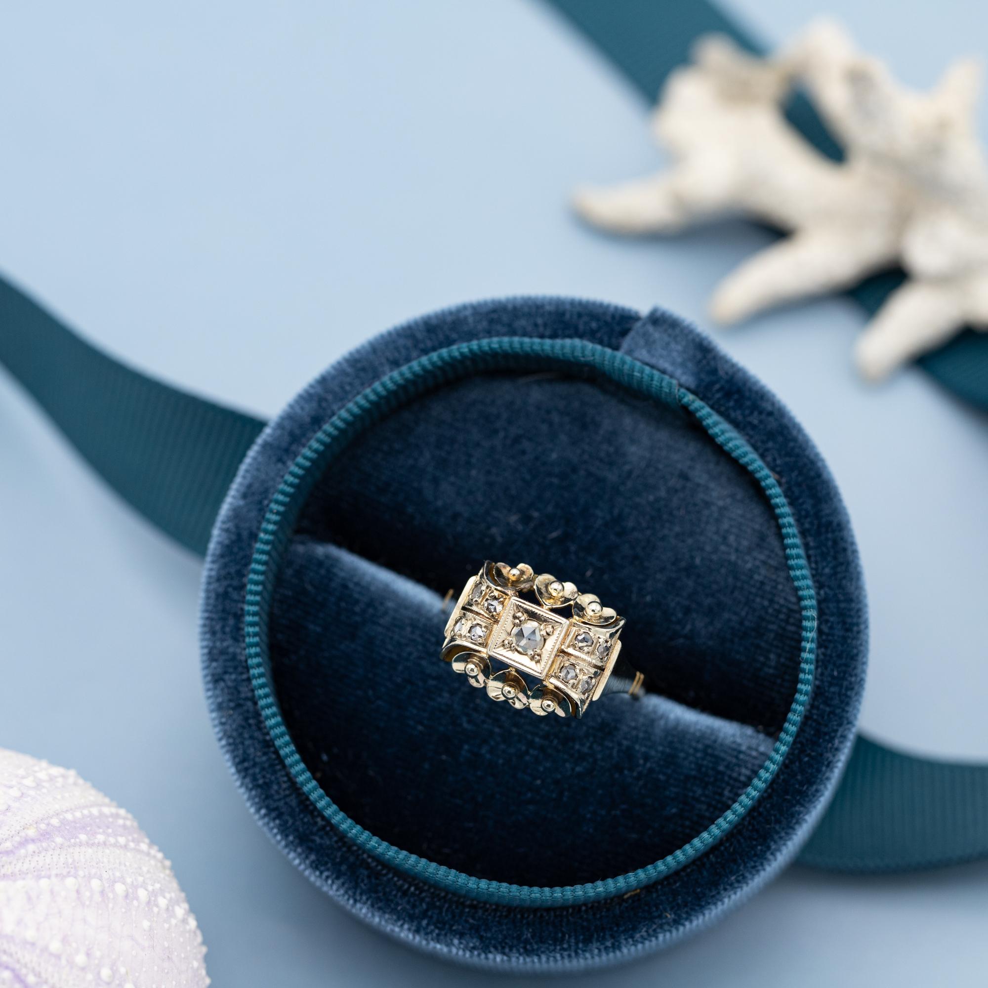 18k yellow gold tank ring - authentic rose cut diamond - big estate bulky ring In Good Condition In Antwerp, BE
