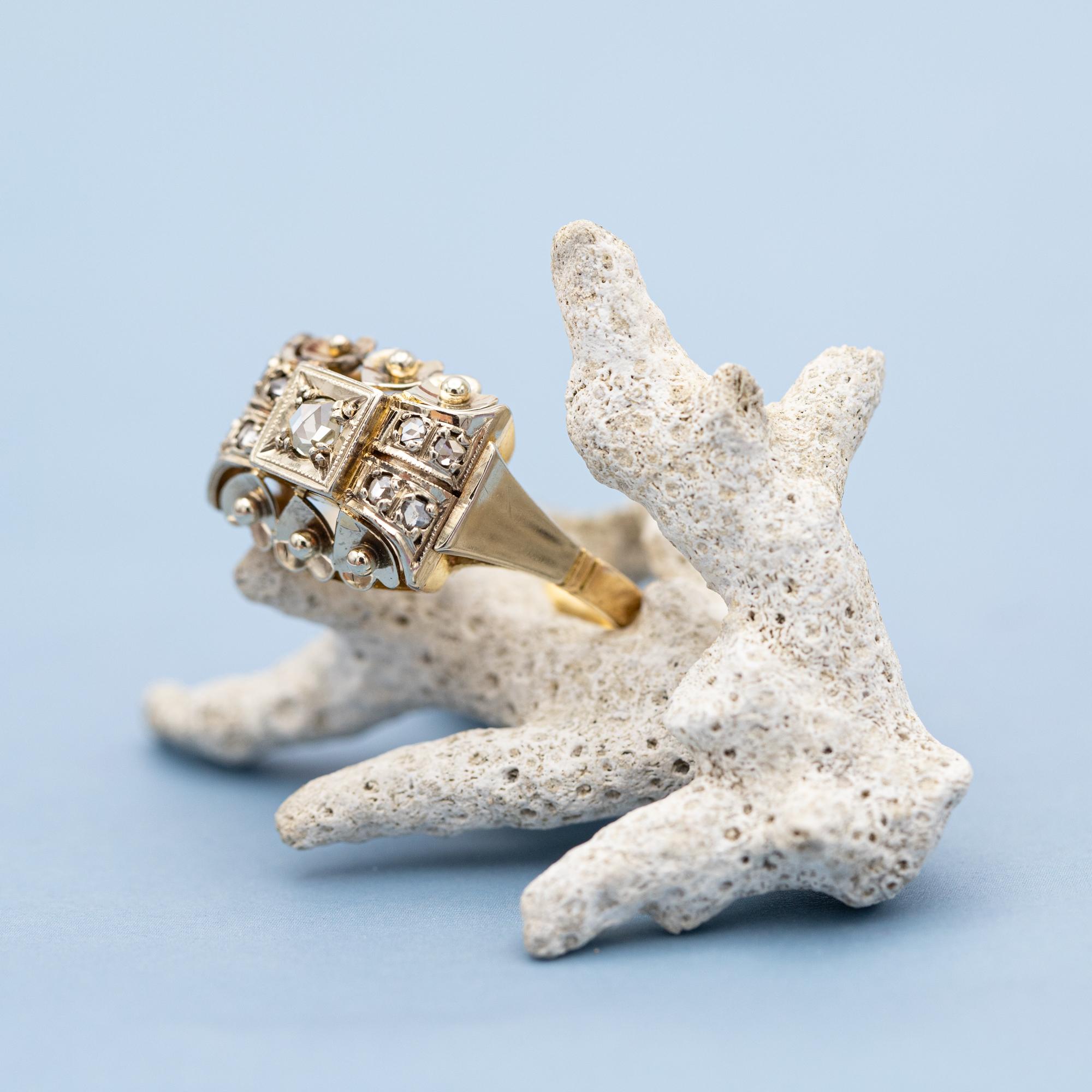 Women's or Men's 18k yellow gold tank ring - authentic rose cut diamond - big estate bulky ring