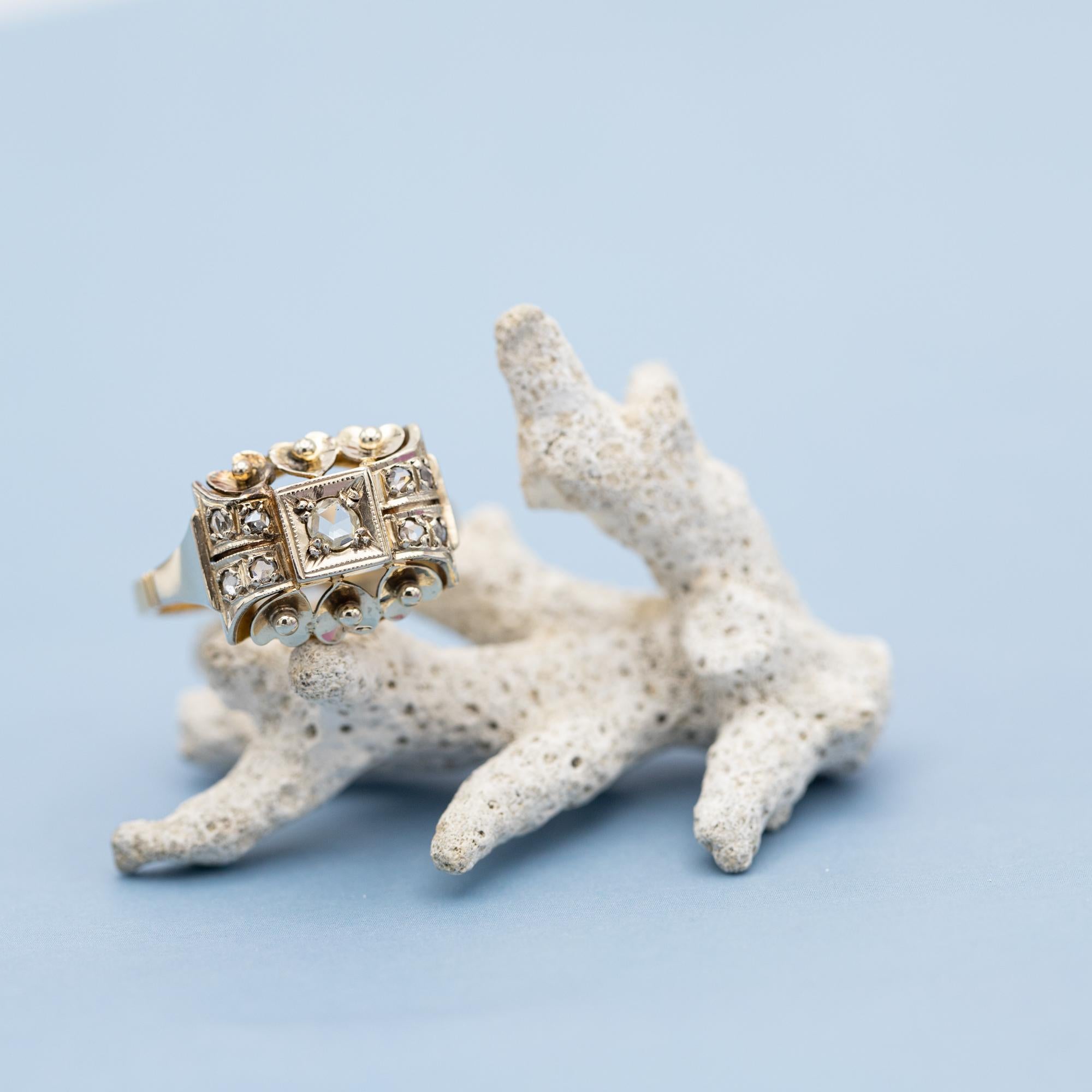 18k yellow gold tank ring - authentic rose cut diamond - big estate bulky ring 2