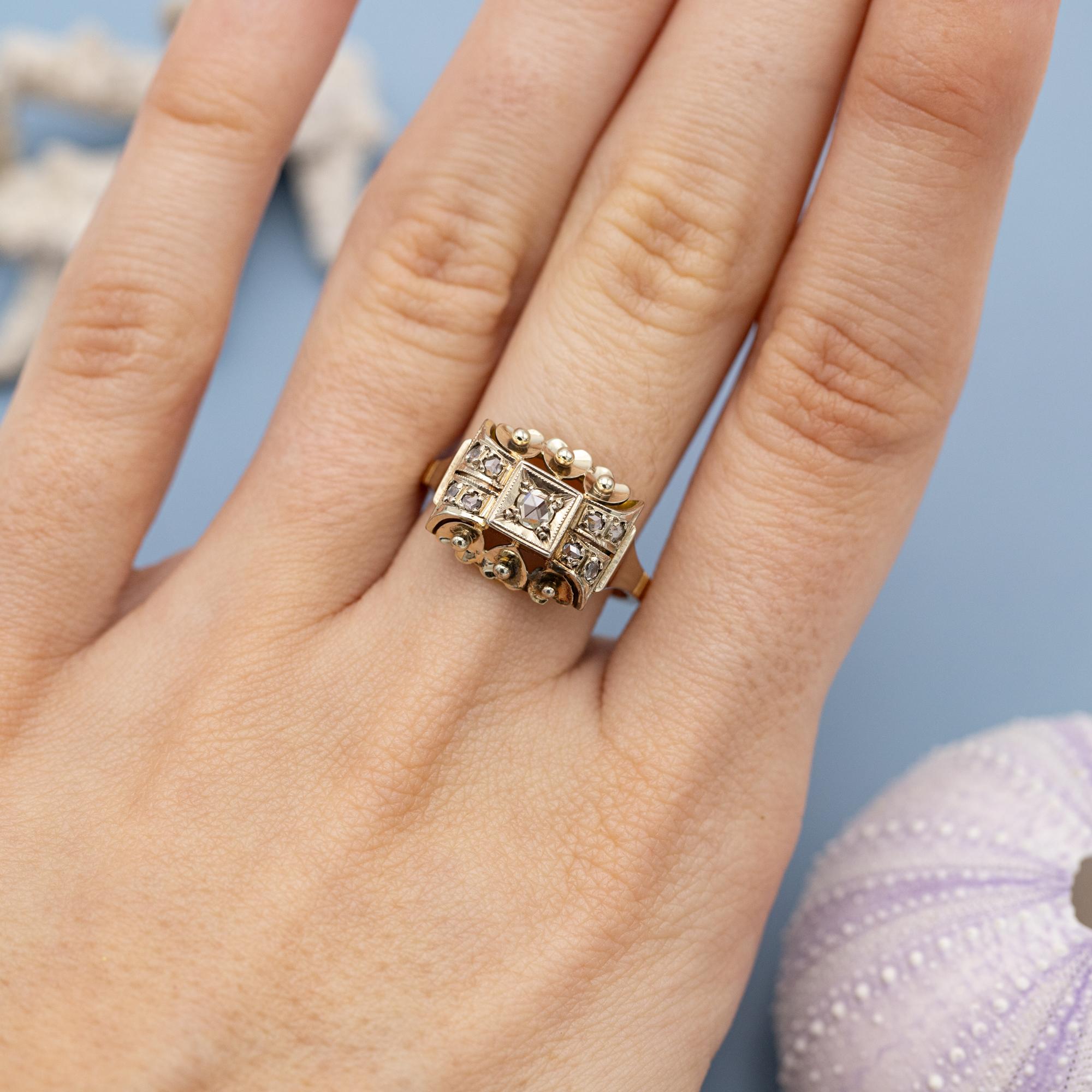 18k yellow gold tank ring - authentic rose cut diamond - big estate bulky ring 3