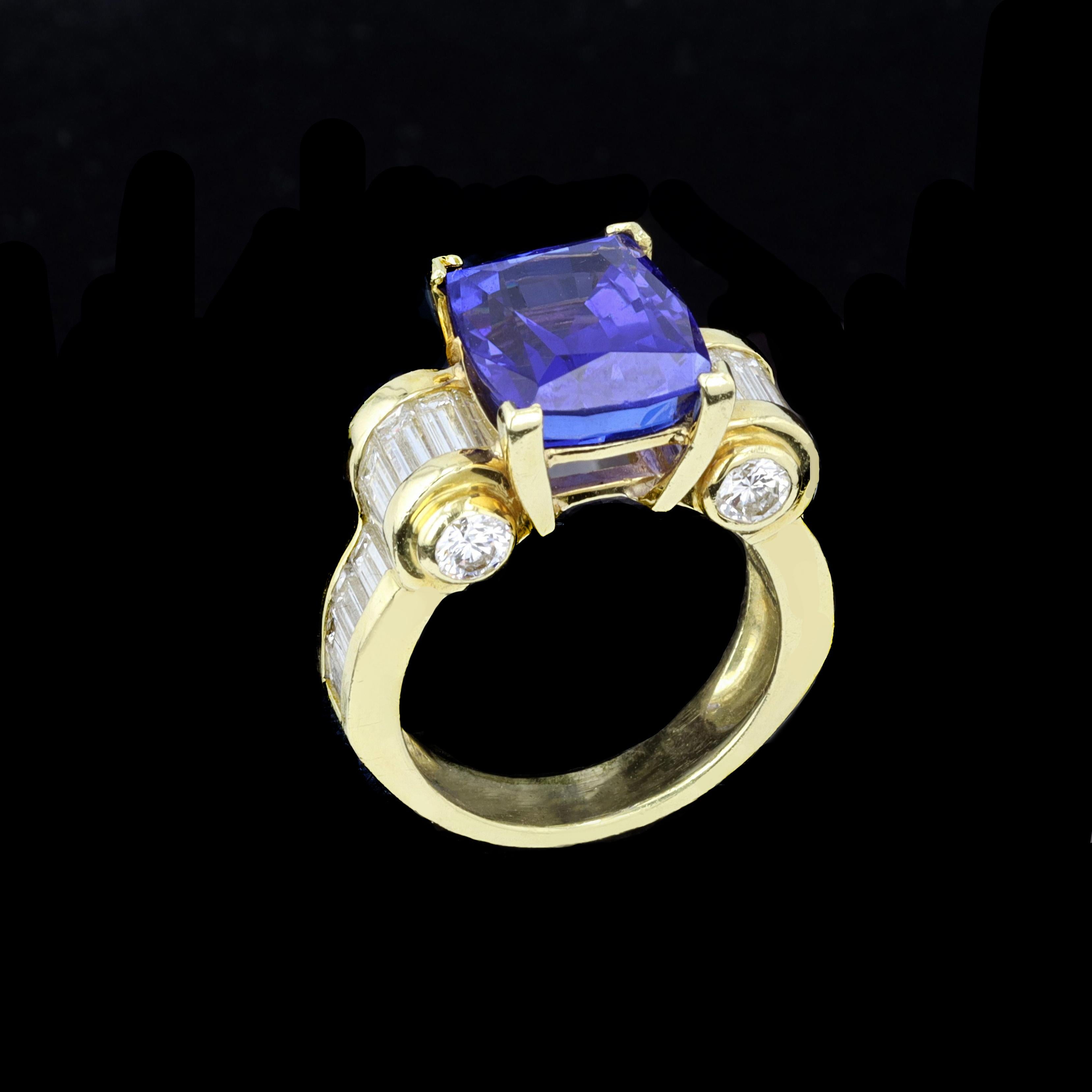 Retro 18k Yellow Gold, Tanzanite, and Diamond Cocktail Ring For Sale