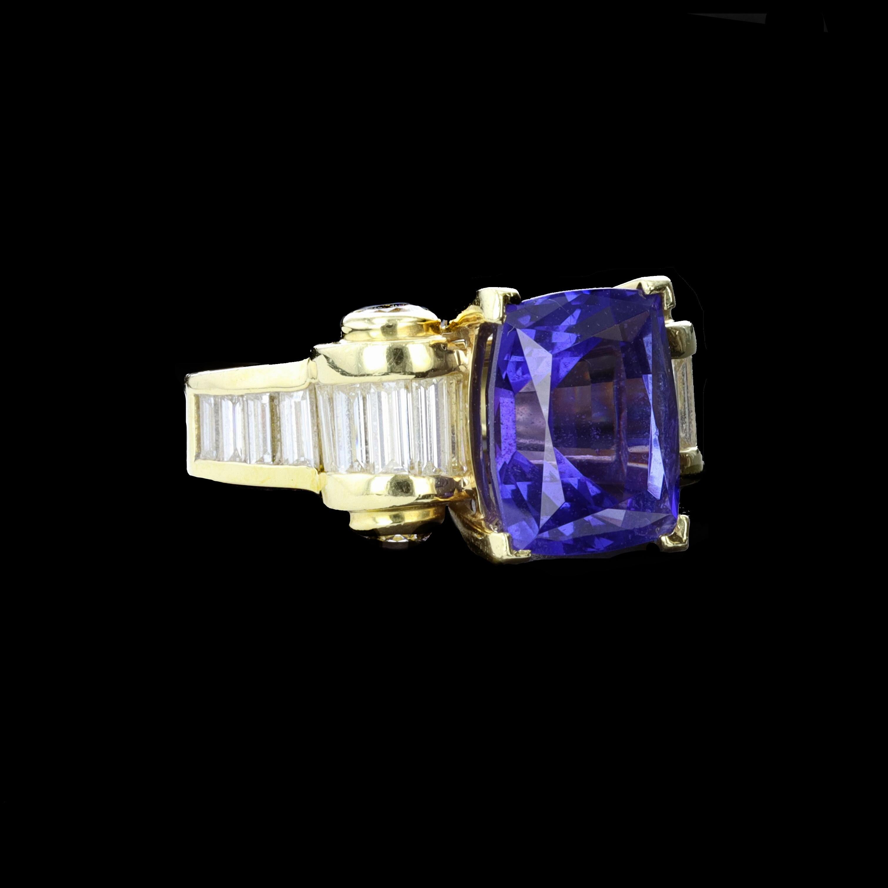 Emerald Cut 18k Yellow Gold, Tanzanite, and Diamond Cocktail Ring For Sale