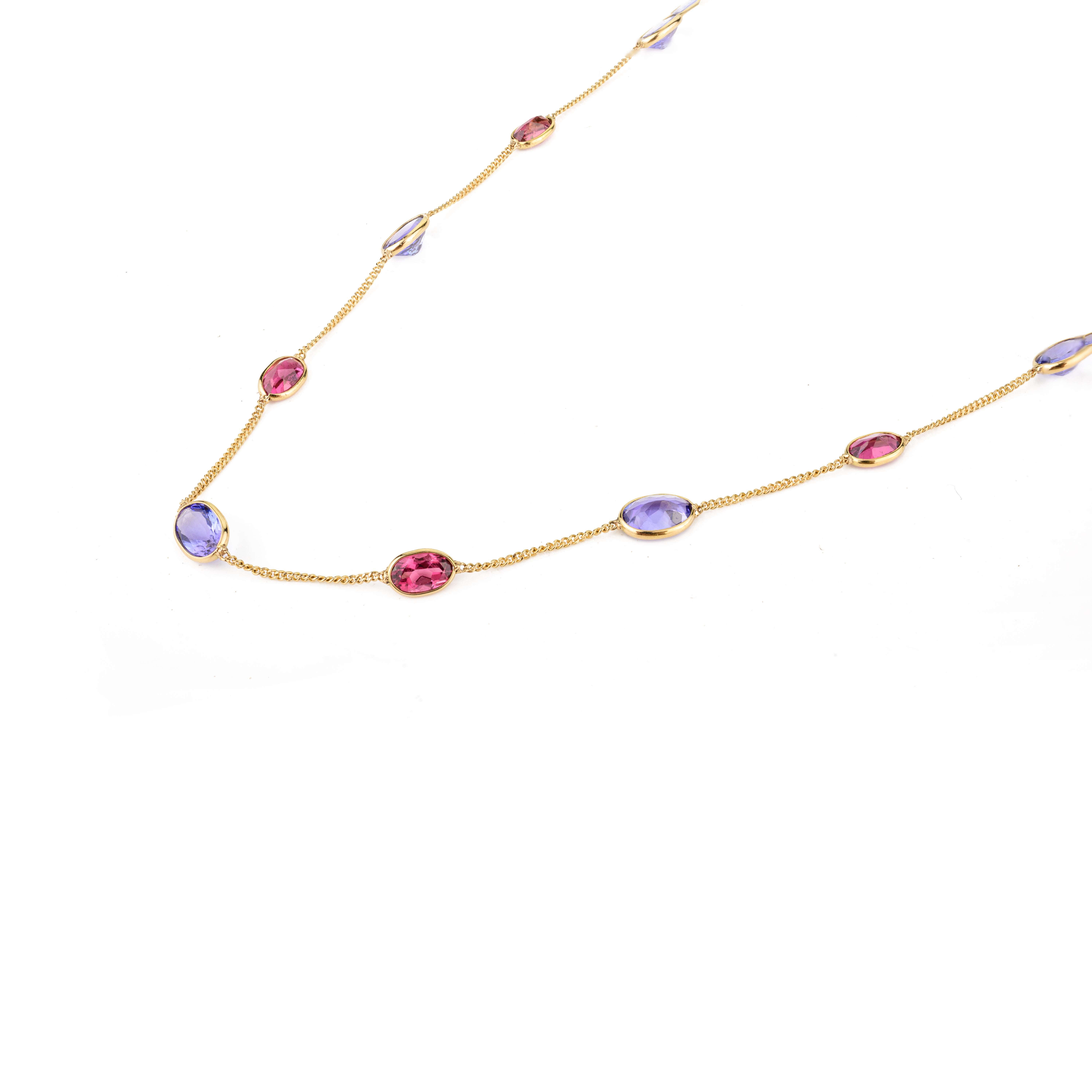 Modern 18k Yellow Gold Tanzanite and Tourmaline Station Chain Necklace Gift for Women For Sale