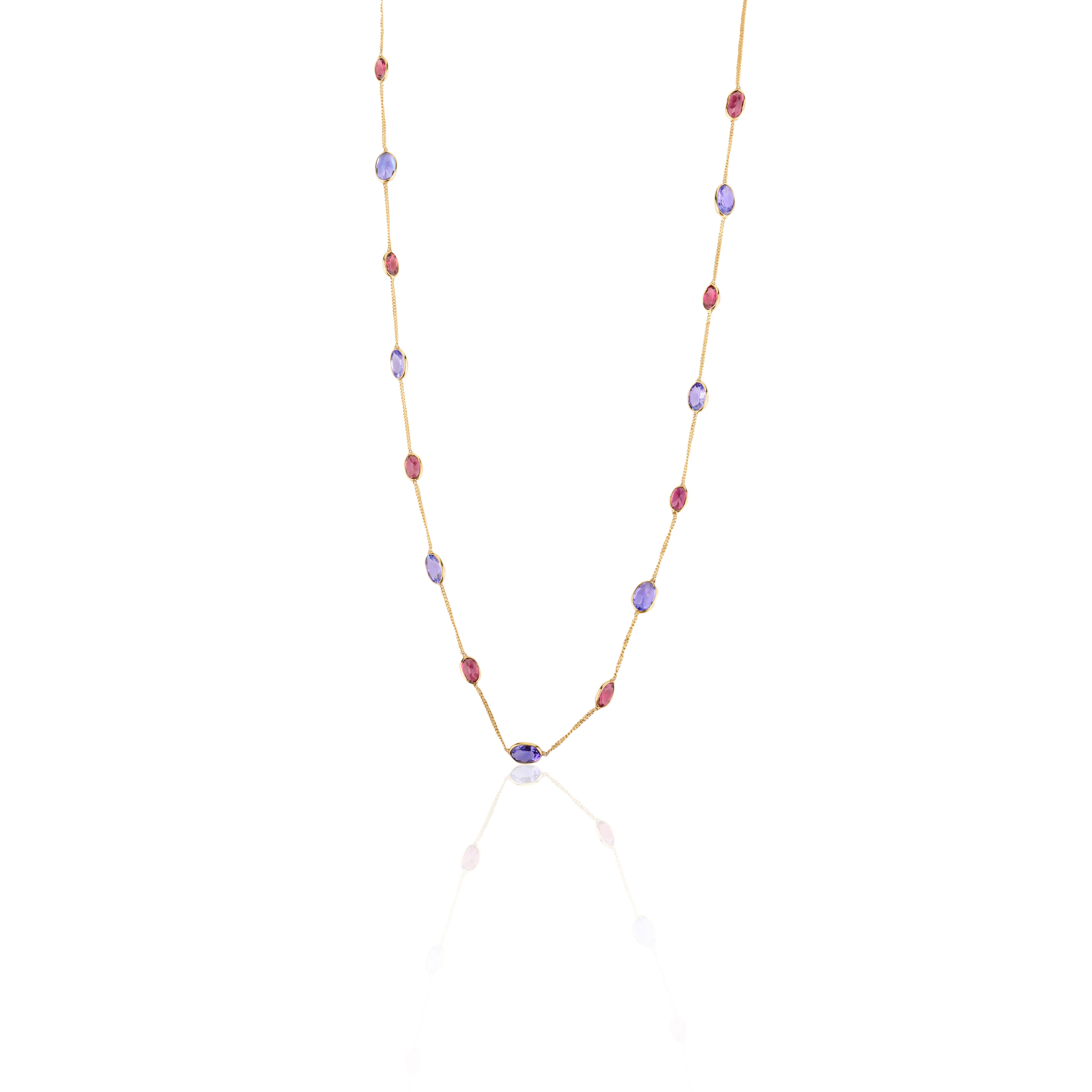 Women's 18k Yellow Gold Tanzanite and Tourmaline Station Chain Necklace Gift for Women For Sale