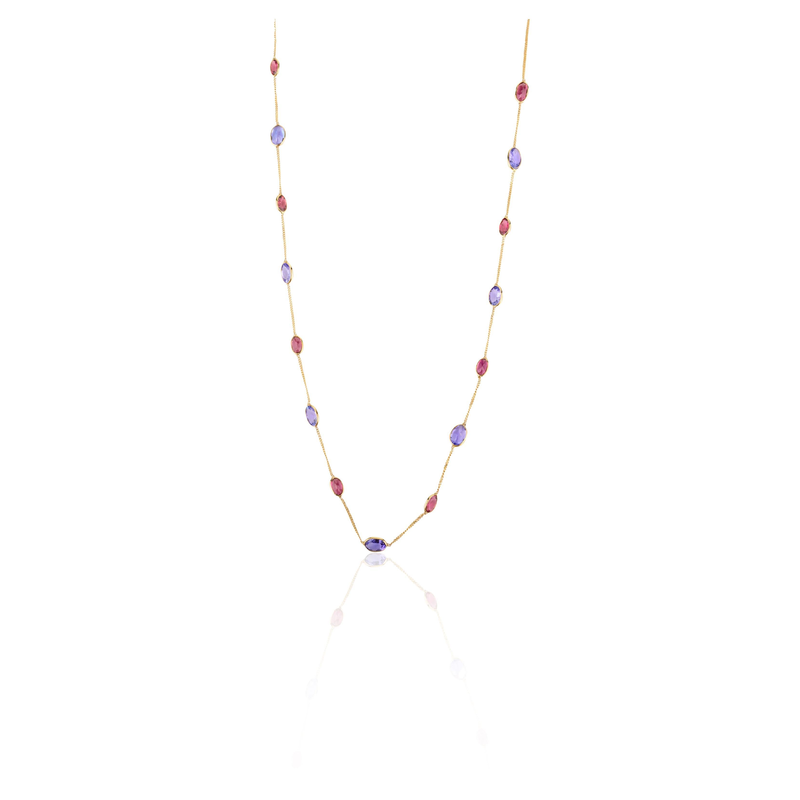 18k Yellow Gold Tanzanite and Tourmaline Station Chain Necklace Gift for Women For Sale