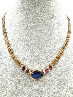 18K Yellow Gold Tanzanite, Diamond, and Cabochon Ruby Necklace