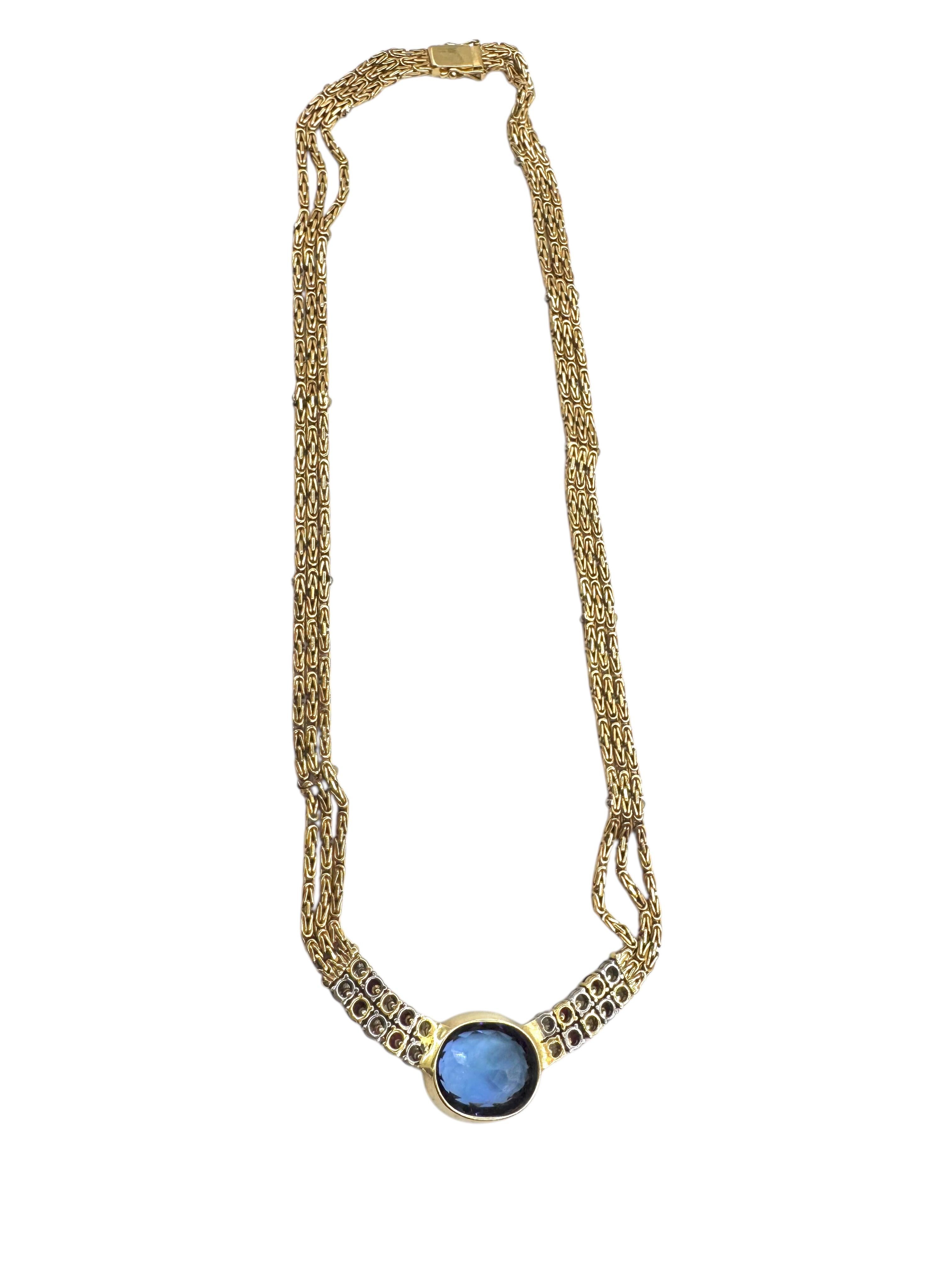 da uomo o donna 18K Yellow Gold Tanzanite, Diamond, and Cabochon Ruby Necklace in vendita