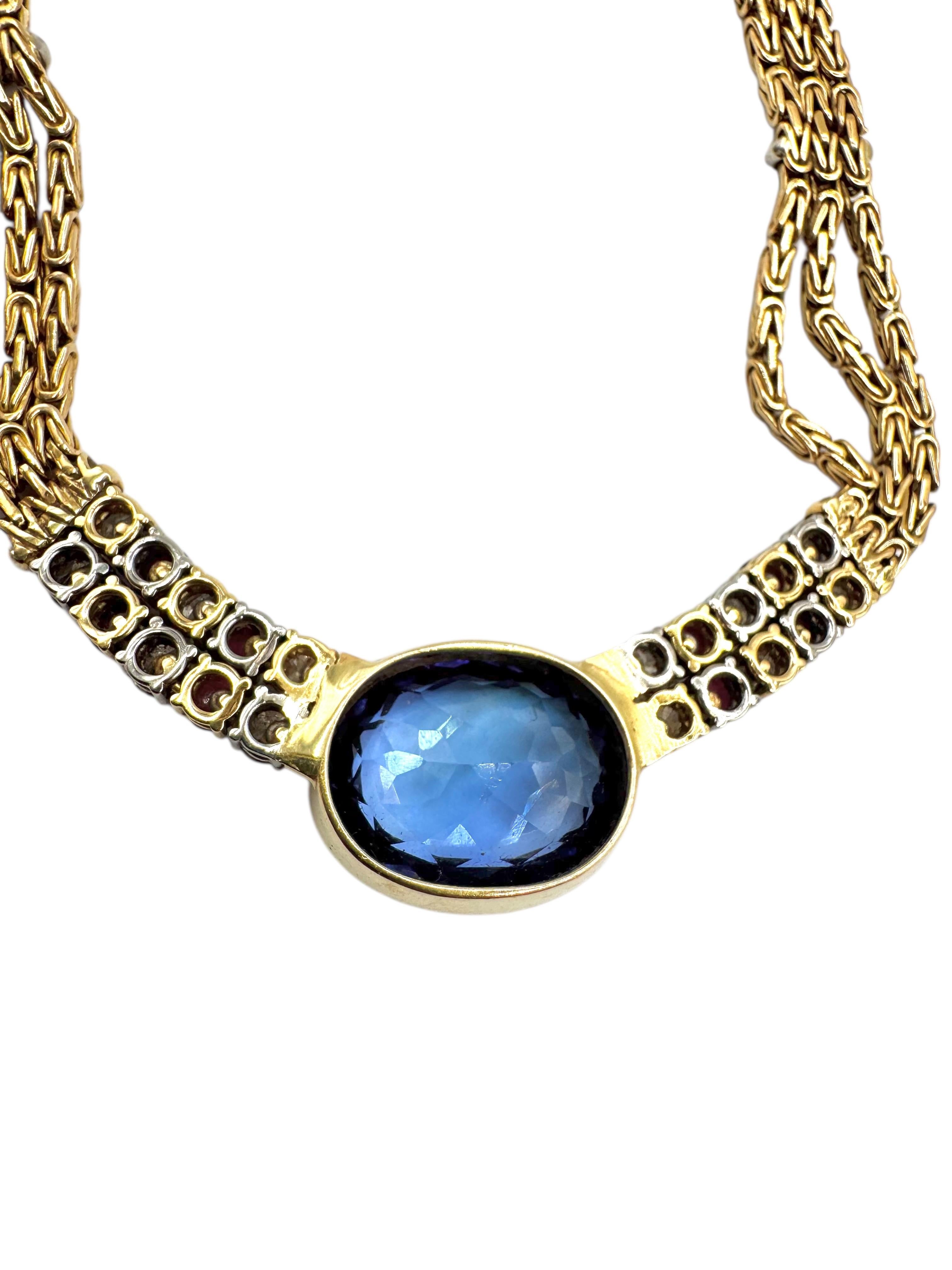 18K Yellow Gold Tanzanite, Diamond, and Cabochon Ruby Necklace in vendita 1