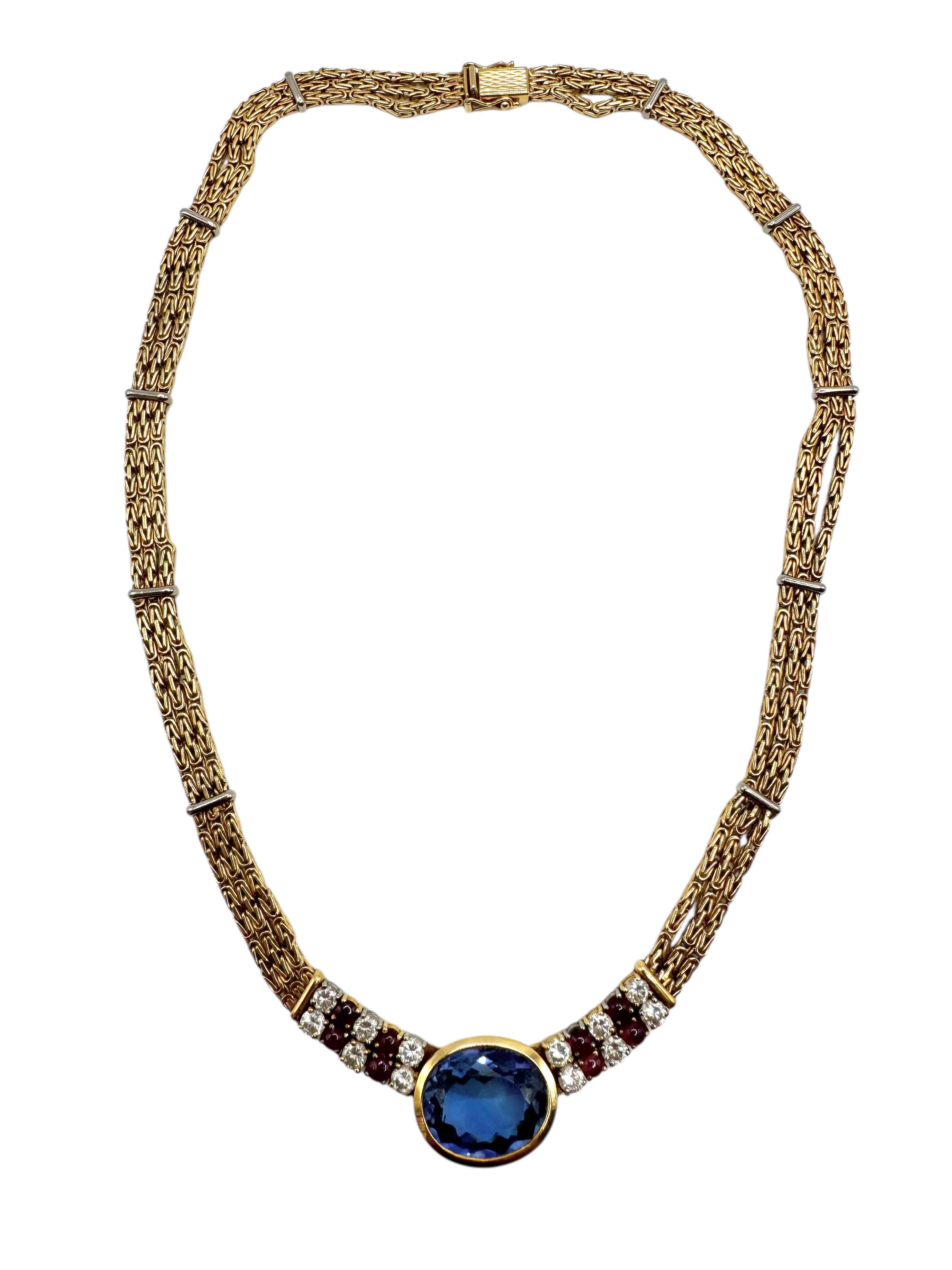 18K Yellow Gold Tanzanite, Diamond, and Cabochon Ruby Necklace in vendita 2