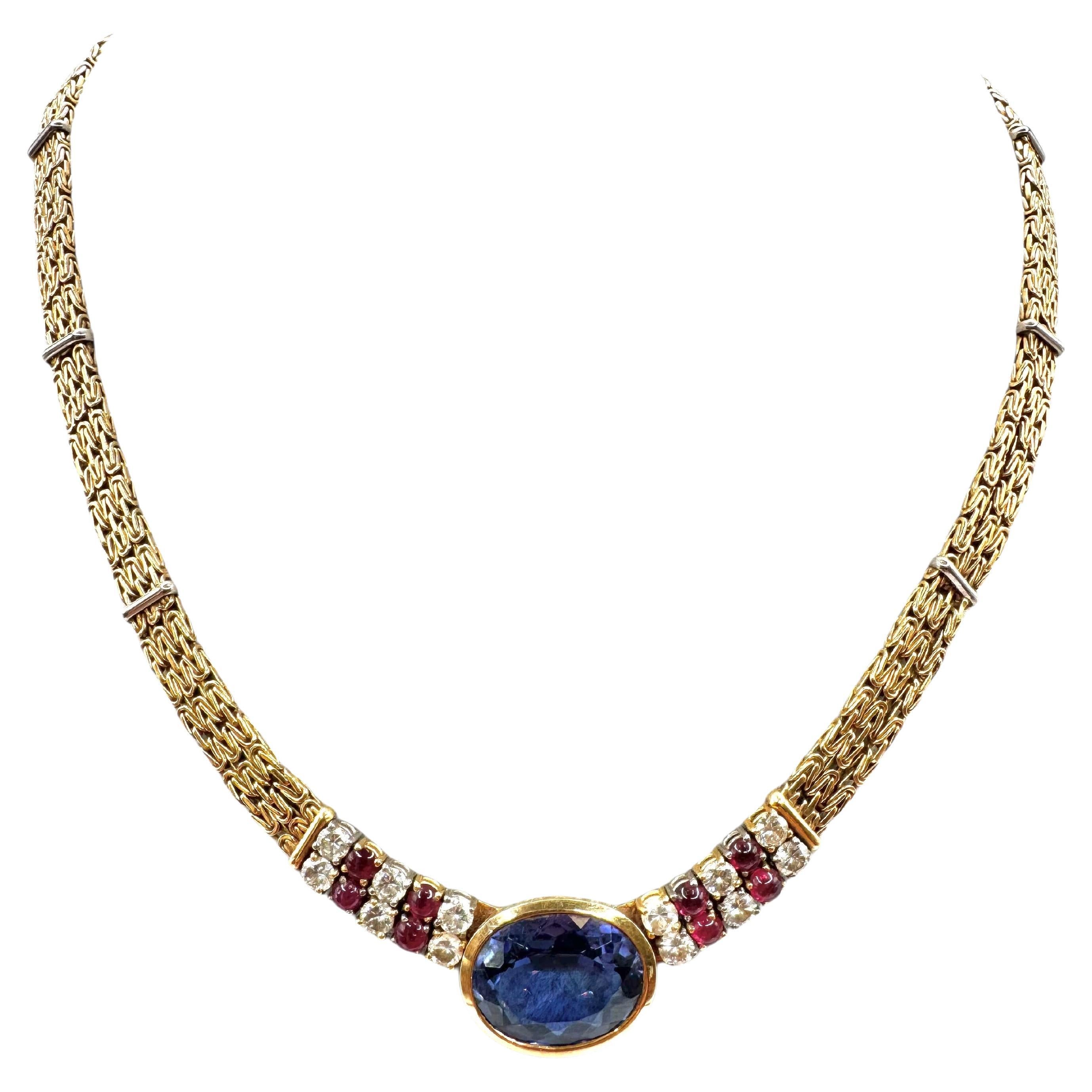 18K Yellow Gold Tanzanite, Diamond, and Cabochon Ruby Necklace