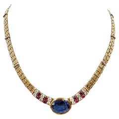 18K Yellow Gold Tanzanite, Diamond, and Cabochon Ruby Necklace