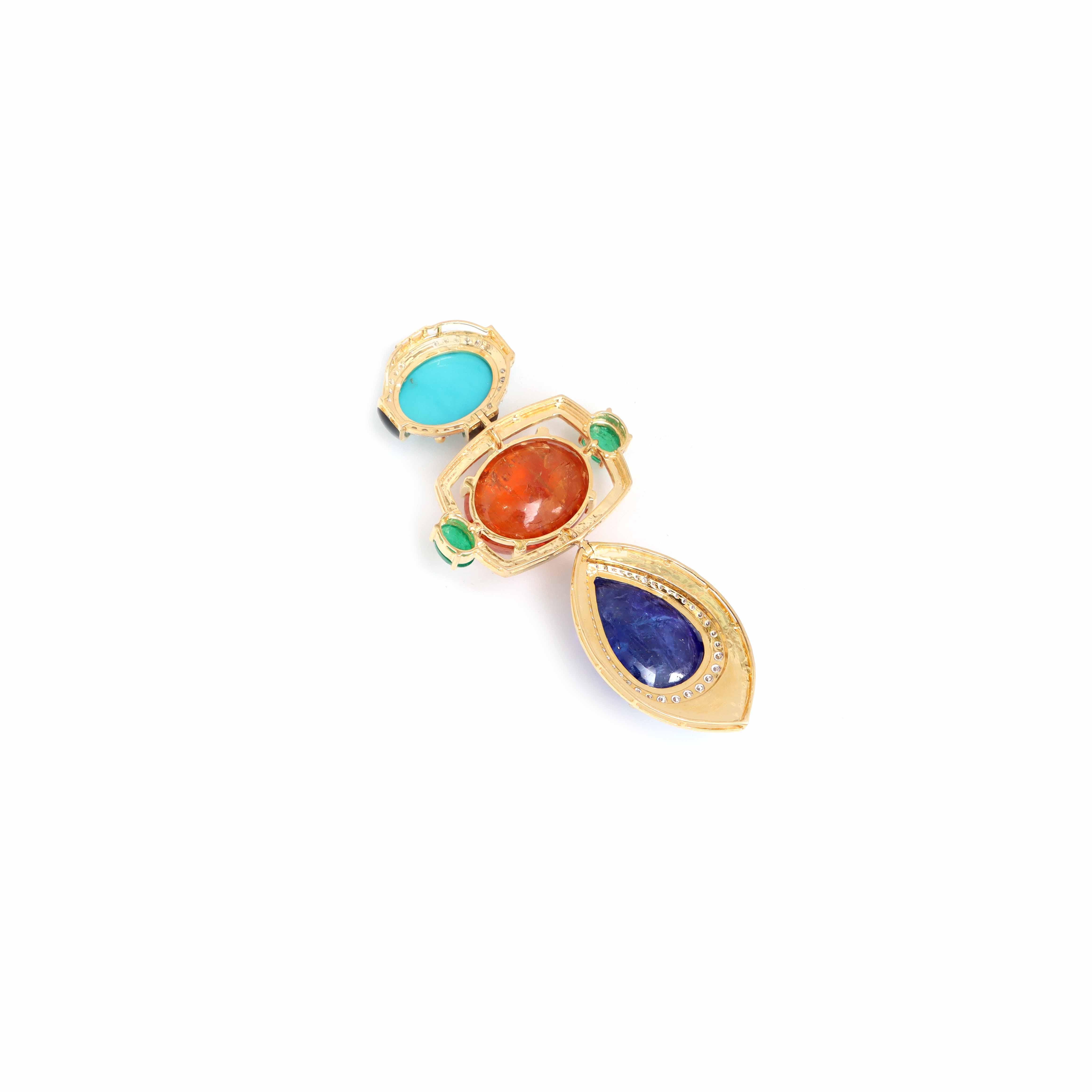 Cabochon Ciondolo in oro giallo 18k con tanzanite, smeraldo e turchese e Imperial Gold nero in vendita