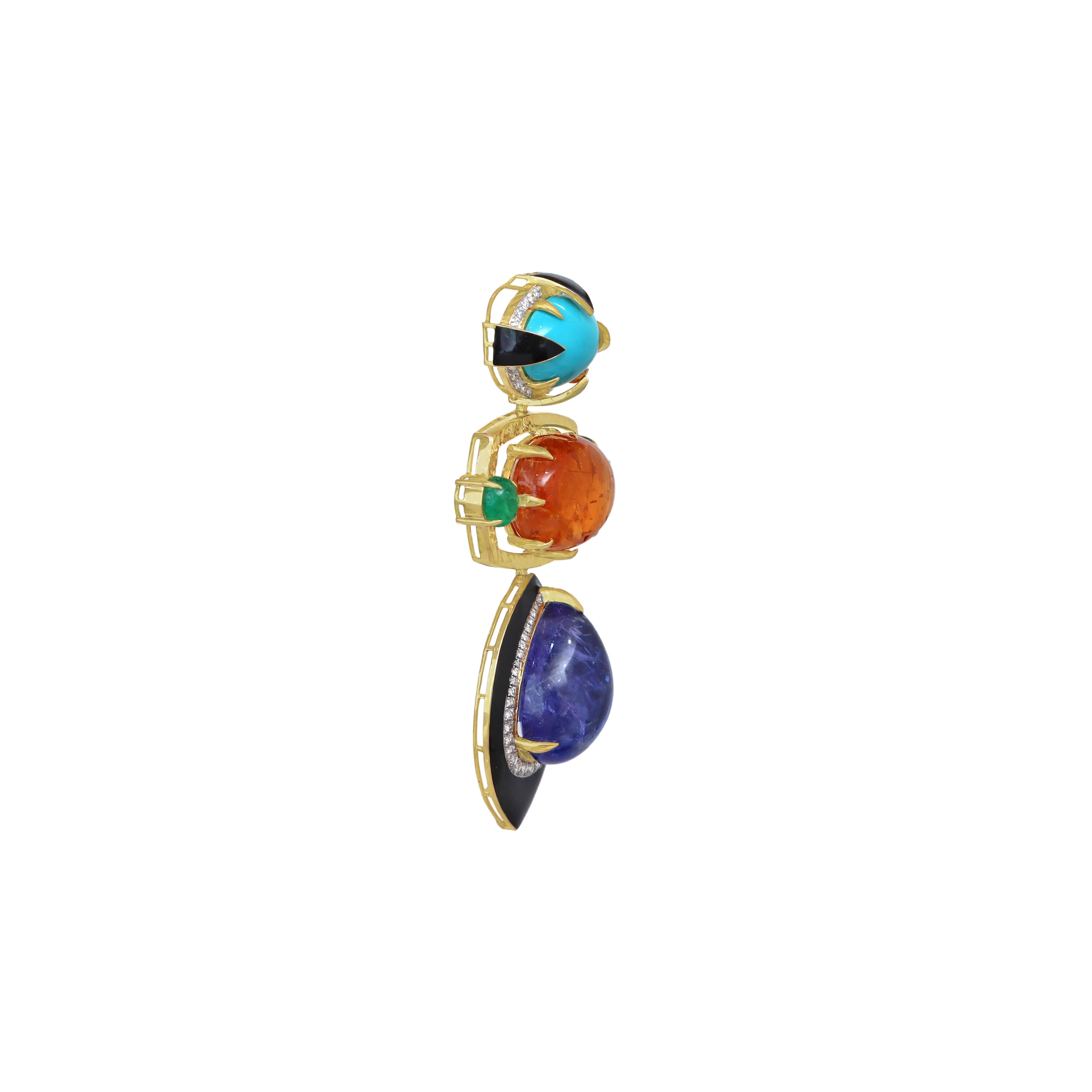 Ciondolo in oro giallo 18k con tanzanite, smeraldo e turchese e Imperial Gold nero In condizioni Nuovo in vendita a Jaipur, IN