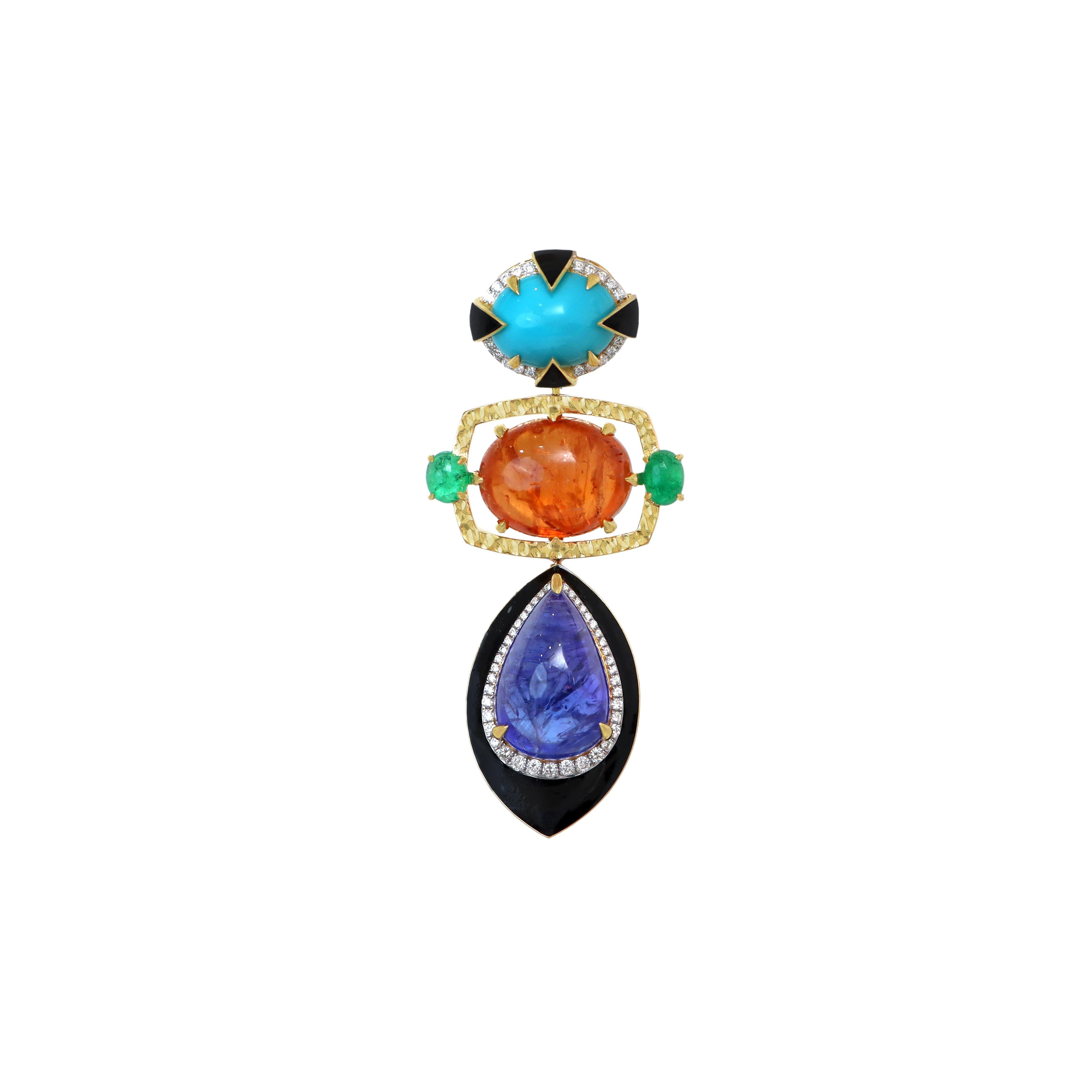 Donna Ciondolo in oro giallo 18k con tanzanite, smeraldo e turchese e Imperial Gold nero in vendita