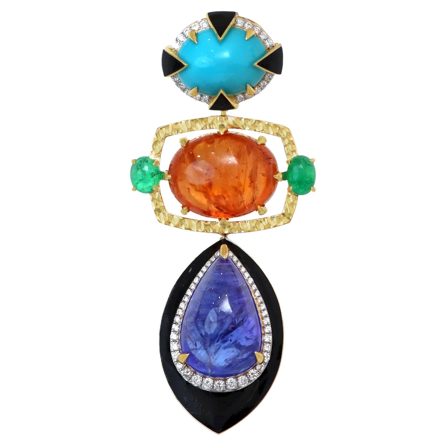 Ciondolo in oro giallo 18k con tanzanite, smeraldo e turchese e Imperial Gold nero in vendita