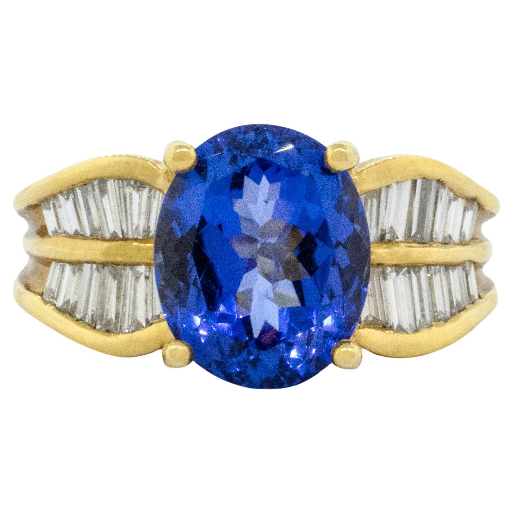 18K Yellow Gold Tanzanite Ring with Baguette Diamonds