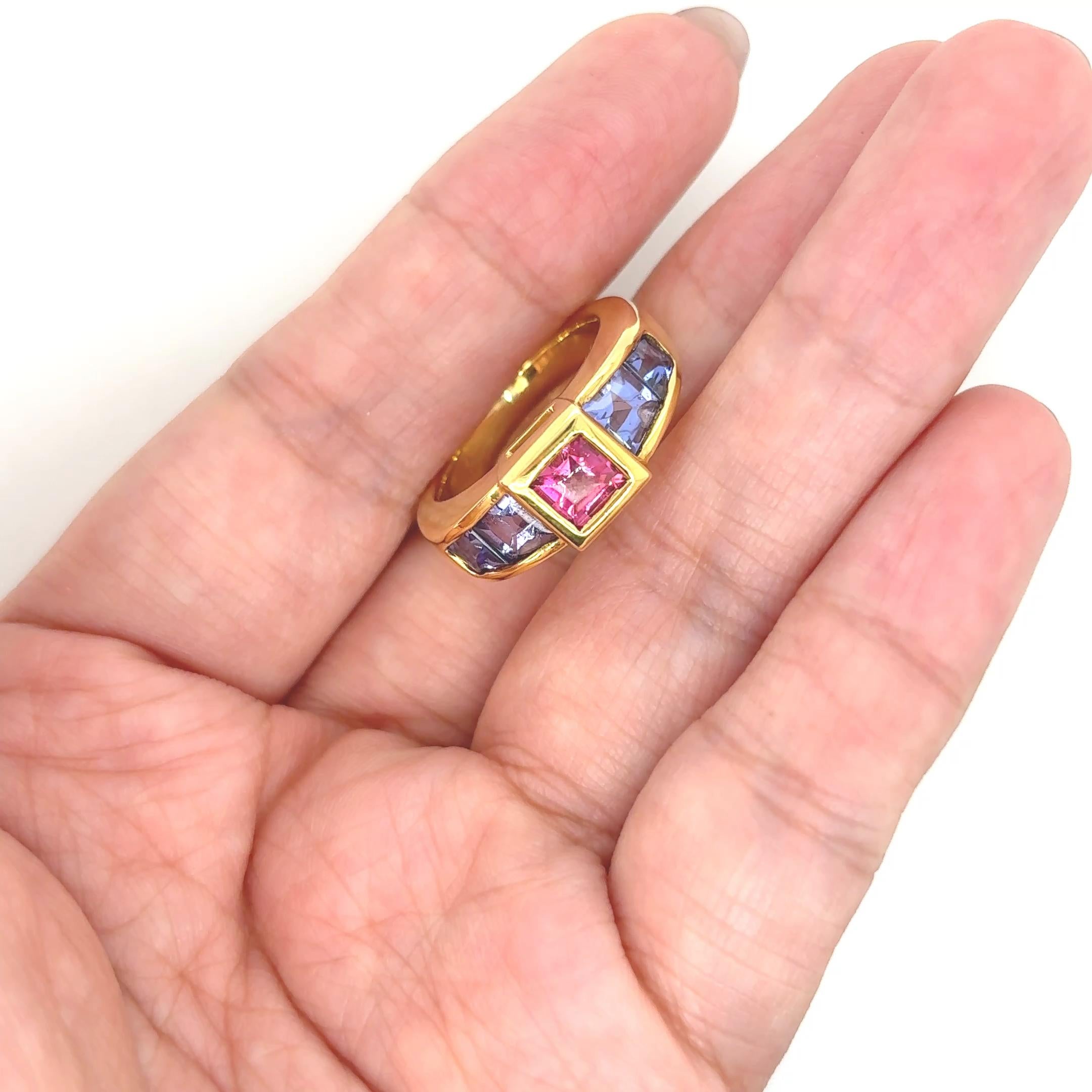 Bague de fiançailles en or jaune 18k Tanzanite Rubellite en vente 12