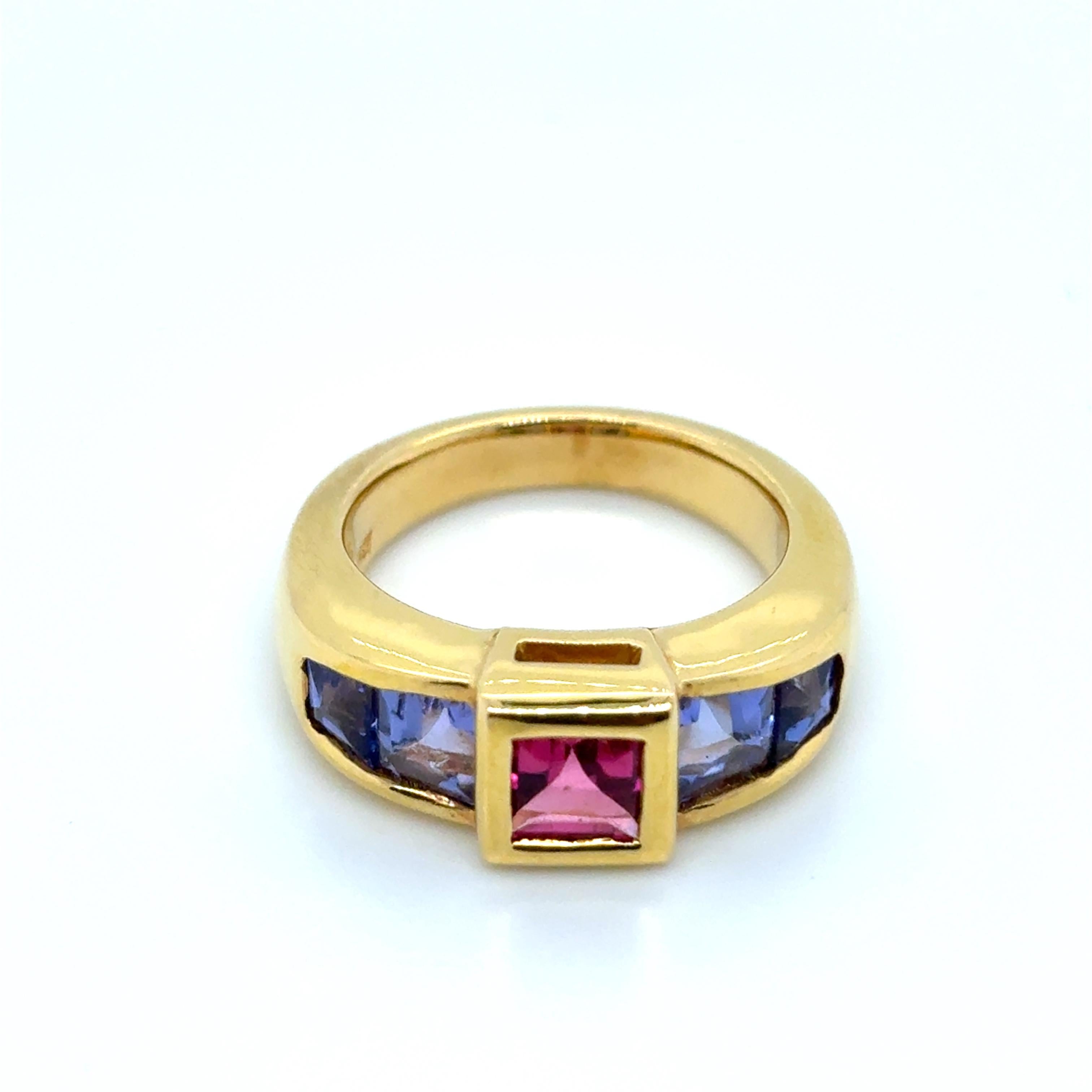 Taille carrée Bague de fiançailles en or jaune 18k Tanzanite Rubellite en vente