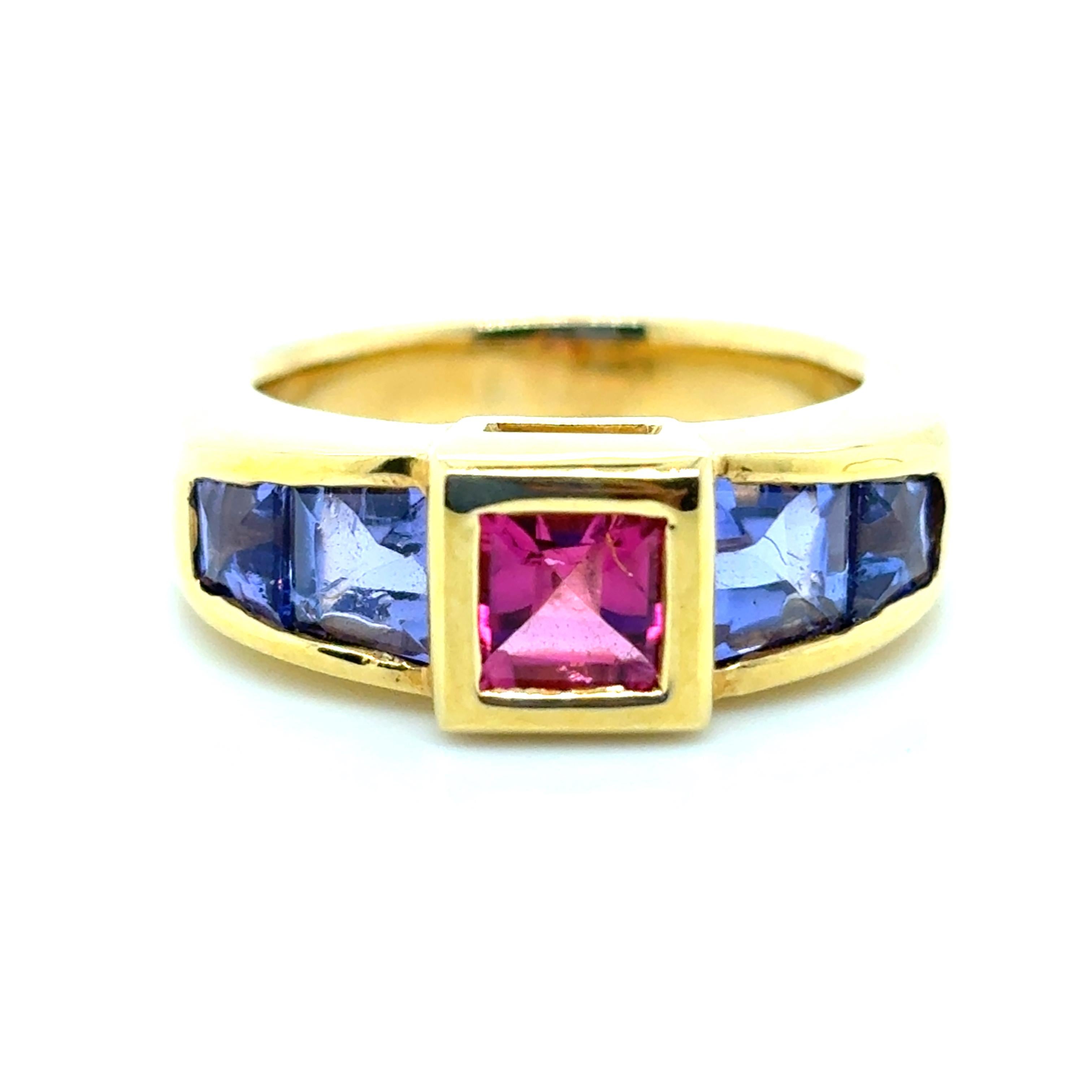 Bague de fiançailles en or jaune 18k Tanzanite Rubellite en vente 2