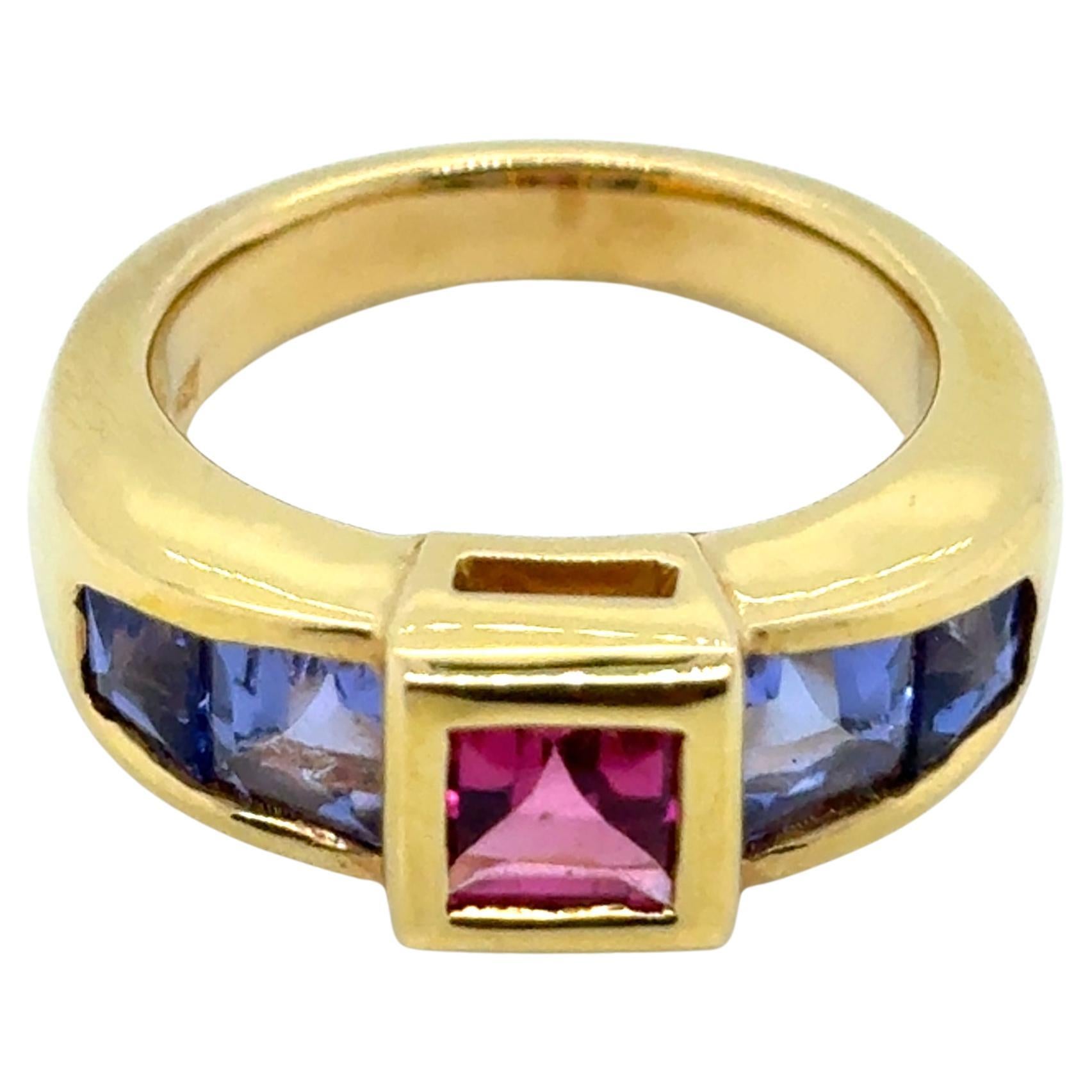 Bague de fiançailles en or jaune 18k Tanzanite Rubellite en vente