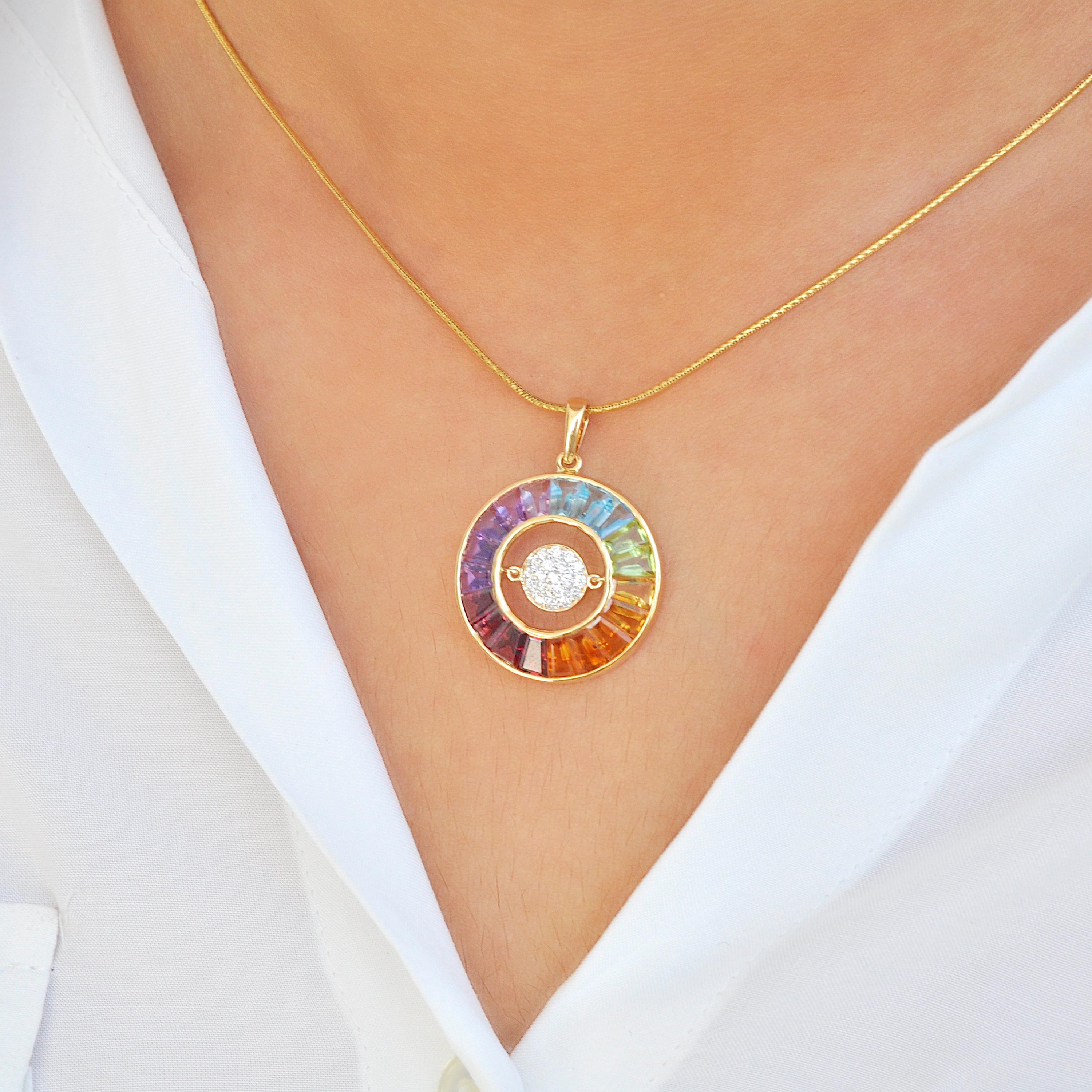 18K Yellow Gold Taper Cut Rainbow Gemstones Dancing Diamond Pendant Necklace For Sale 4