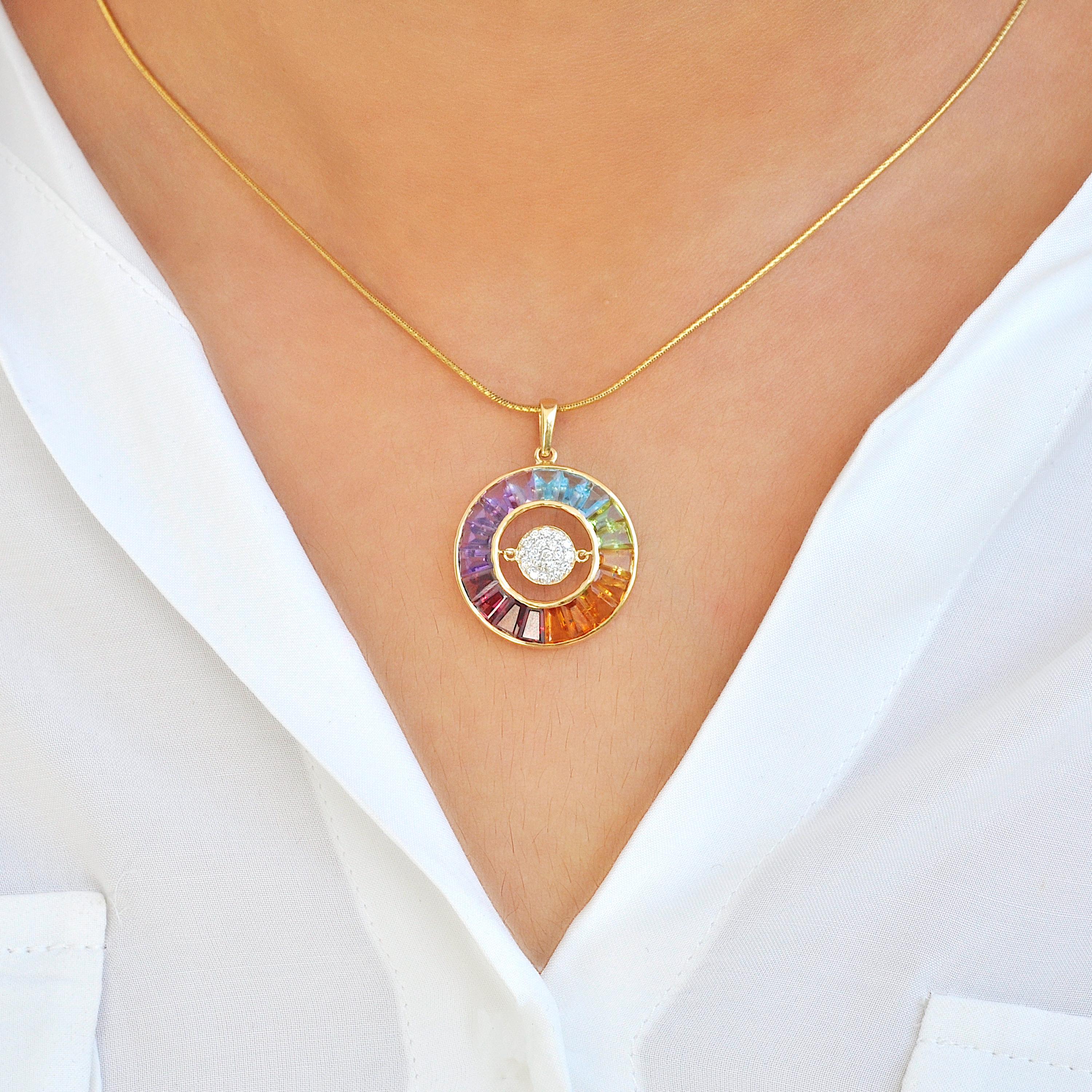 Add a splash of color and a touch of elegance to your jewelry collection with this exquisite 18k yellow gold rainbow dancing diamond pendant. The centerpiece of this unique piece features a meticulously crafted pave-set diamond circle, which