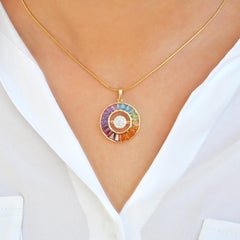 18K Yellow Gold Taper Cut Rainbow Gemstones Dancing Diamond Pendant Necklace
