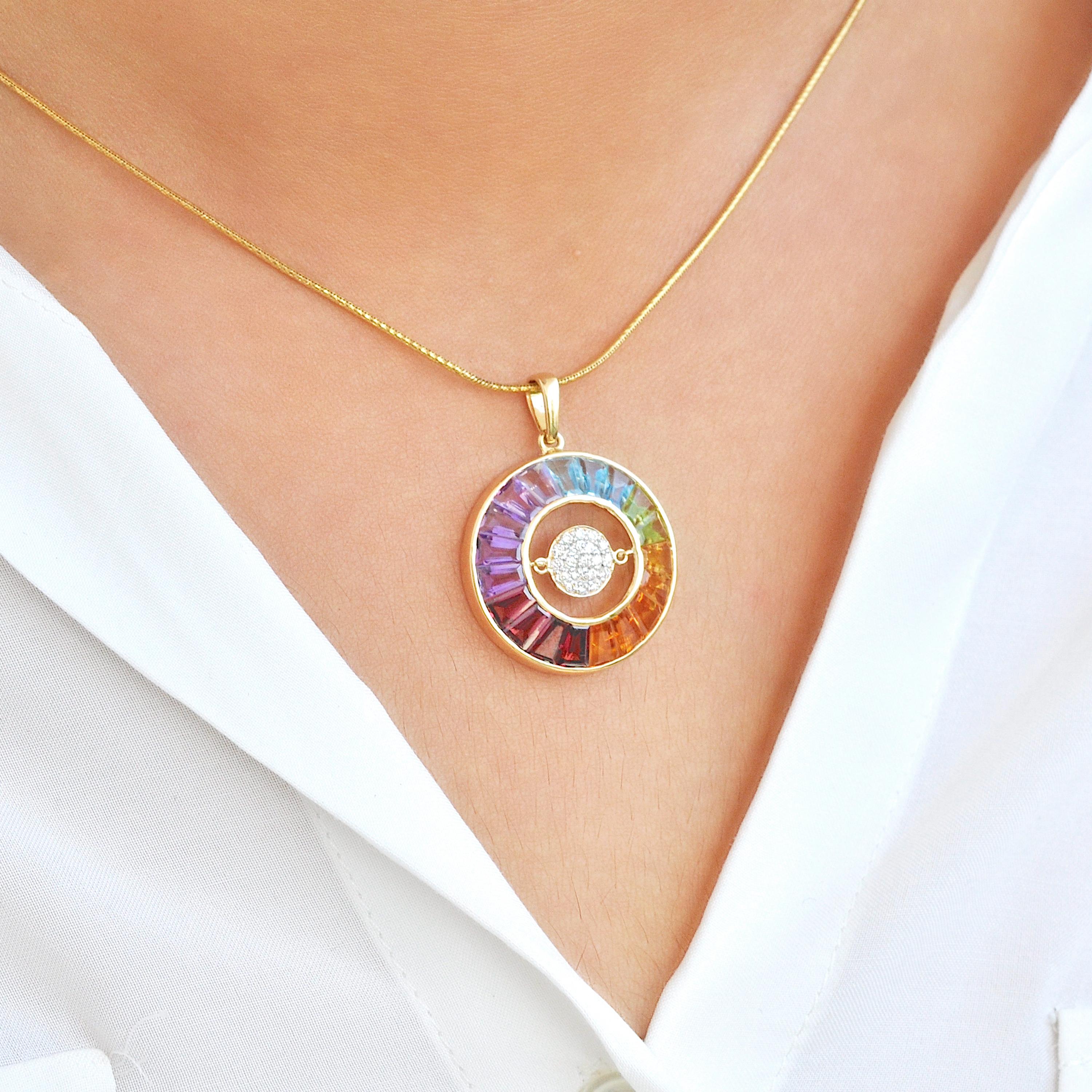 Contemporary 18K Yellow Gold Taper Cut Rainbow Gemstones Dancing Diamond Pendant Necklace For Sale