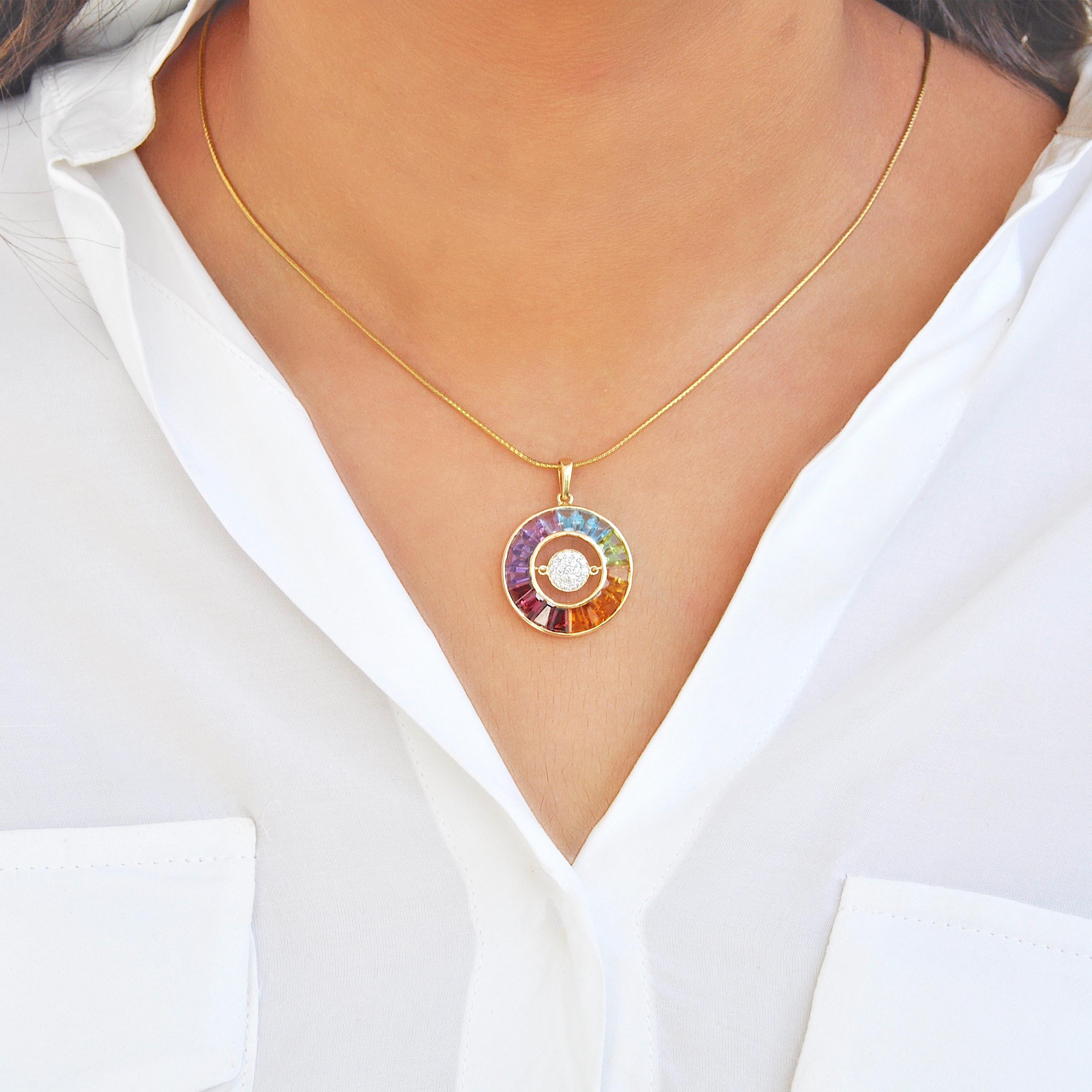 Tapered Baguette 18K Yellow Gold Taper Cut Rainbow Gemstones Dancing Diamond Pendant Necklace For Sale