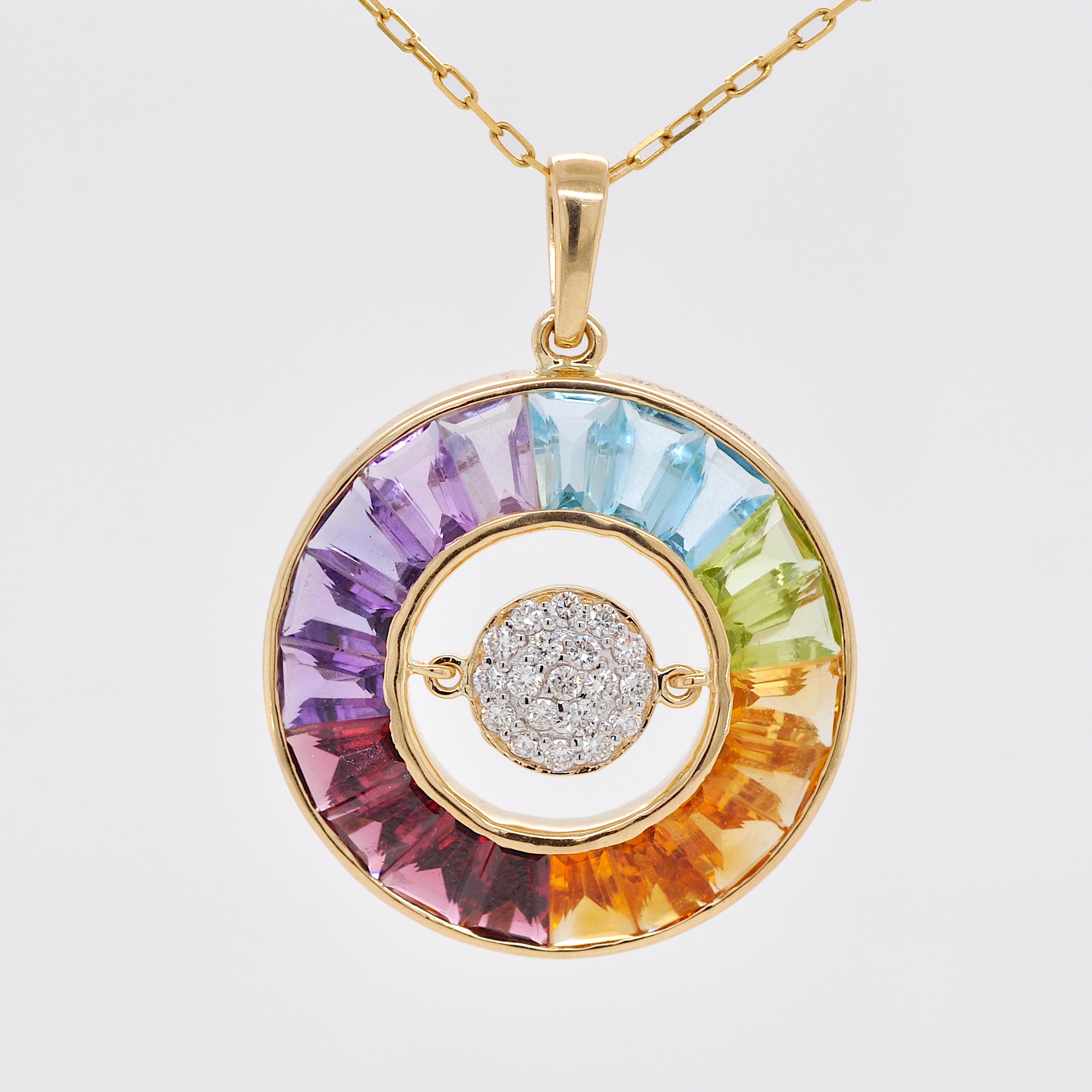 18K Yellow Gold Taper Cut Rainbow Gemstones Dancing Diamond Pendant Necklace In New Condition For Sale In Jaipur, Rajasthan