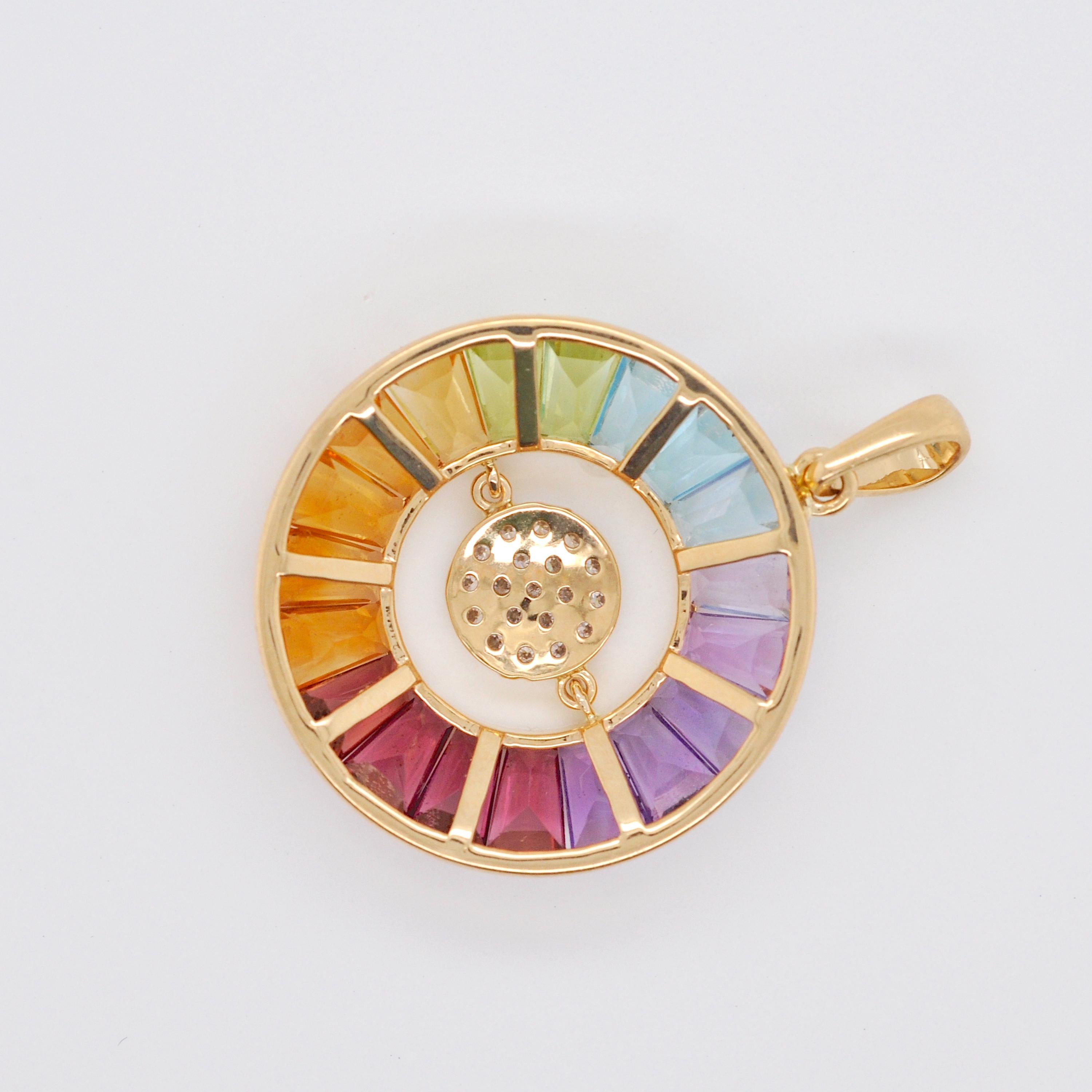 Women's or Men's 18K Yellow Gold Taper Cut Rainbow Gemstones Dancing Diamond Pendant Necklace For Sale