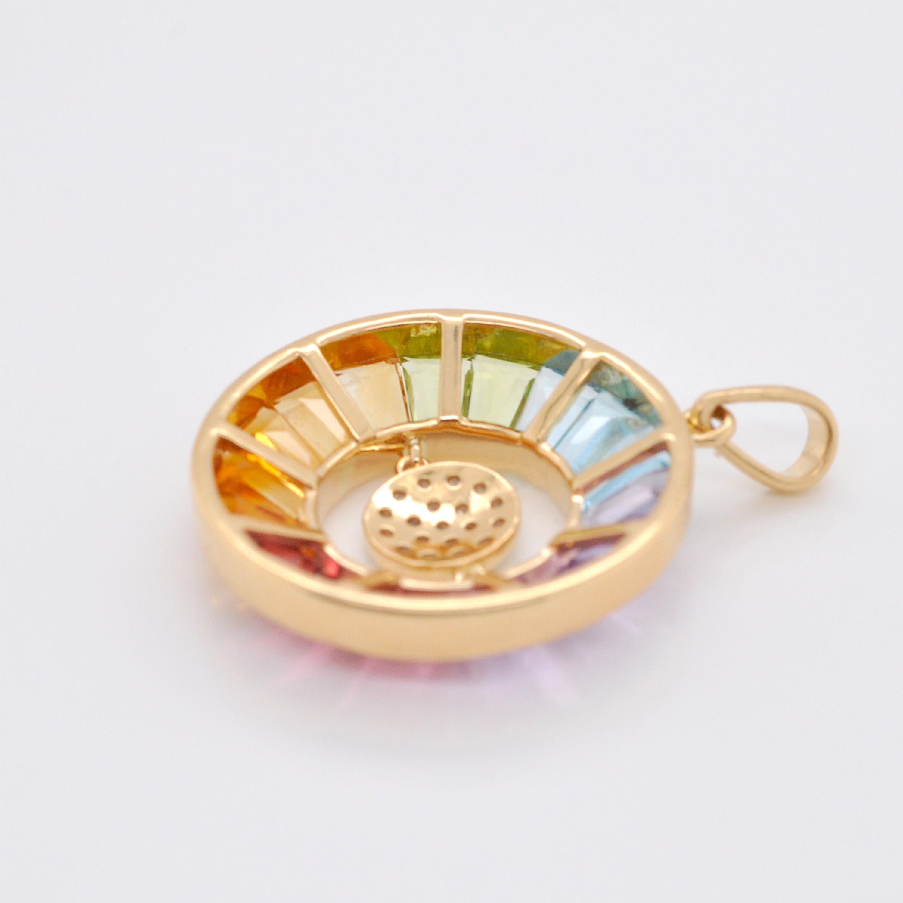 18K Yellow Gold Taper Cut Rainbow Gemstones Dancing Diamond Pendant Necklace For Sale 1