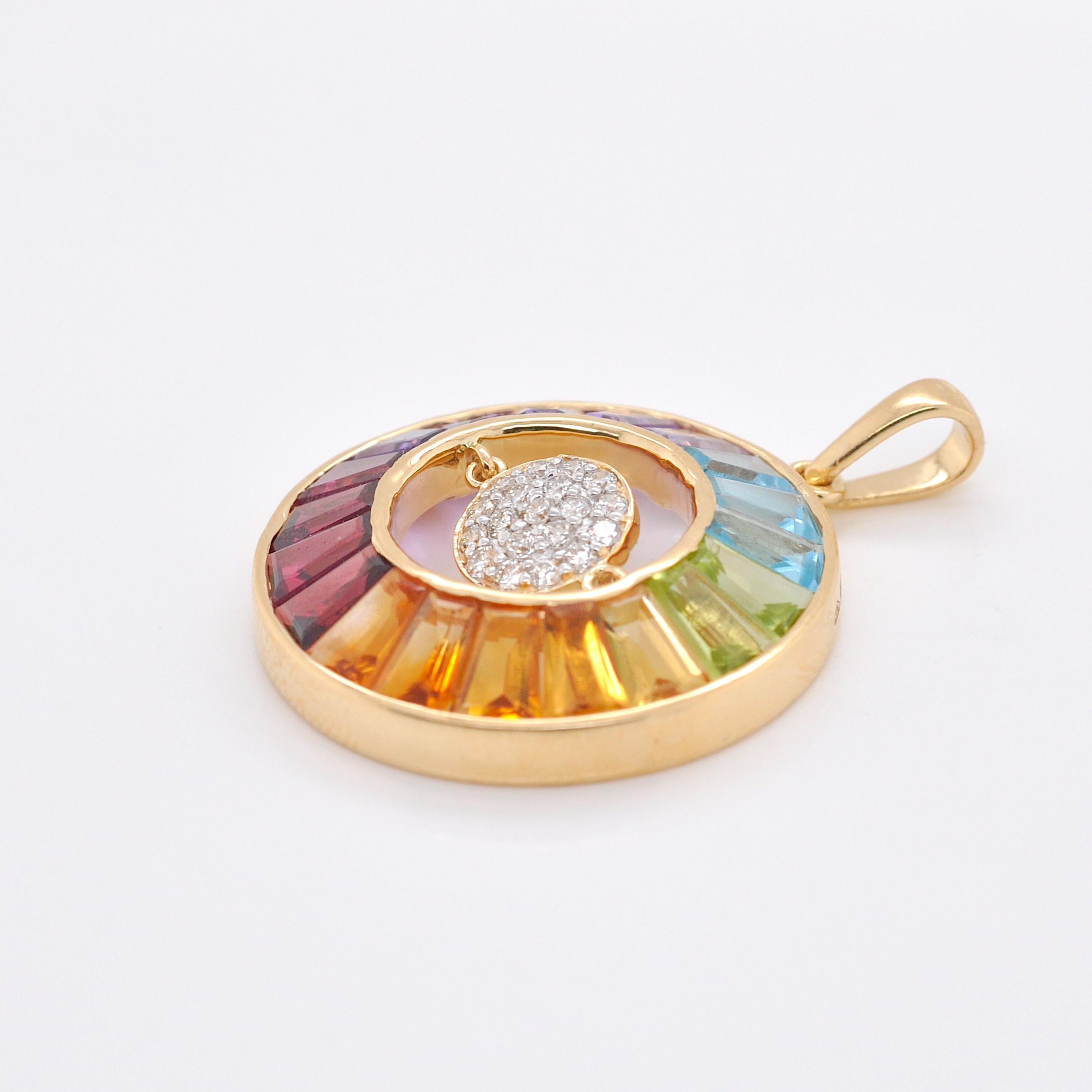 18K Yellow Gold Taper Cut Rainbow Gemstones Dancing Diamond Pendant Necklace For Sale 2