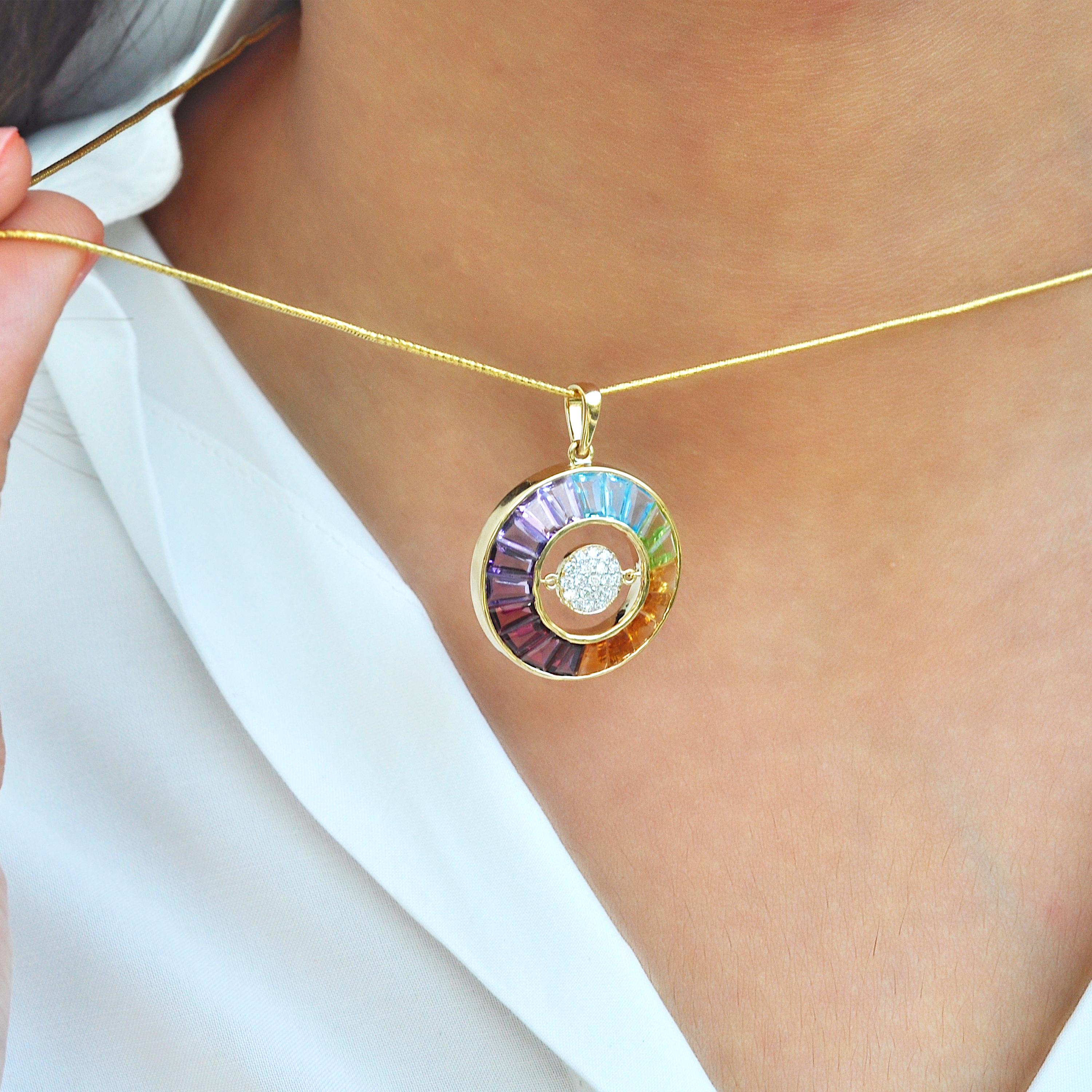 18K Yellow Gold Taper Cut Rainbow Gemstones Dancing Diamond Pendant Necklace For Sale 3